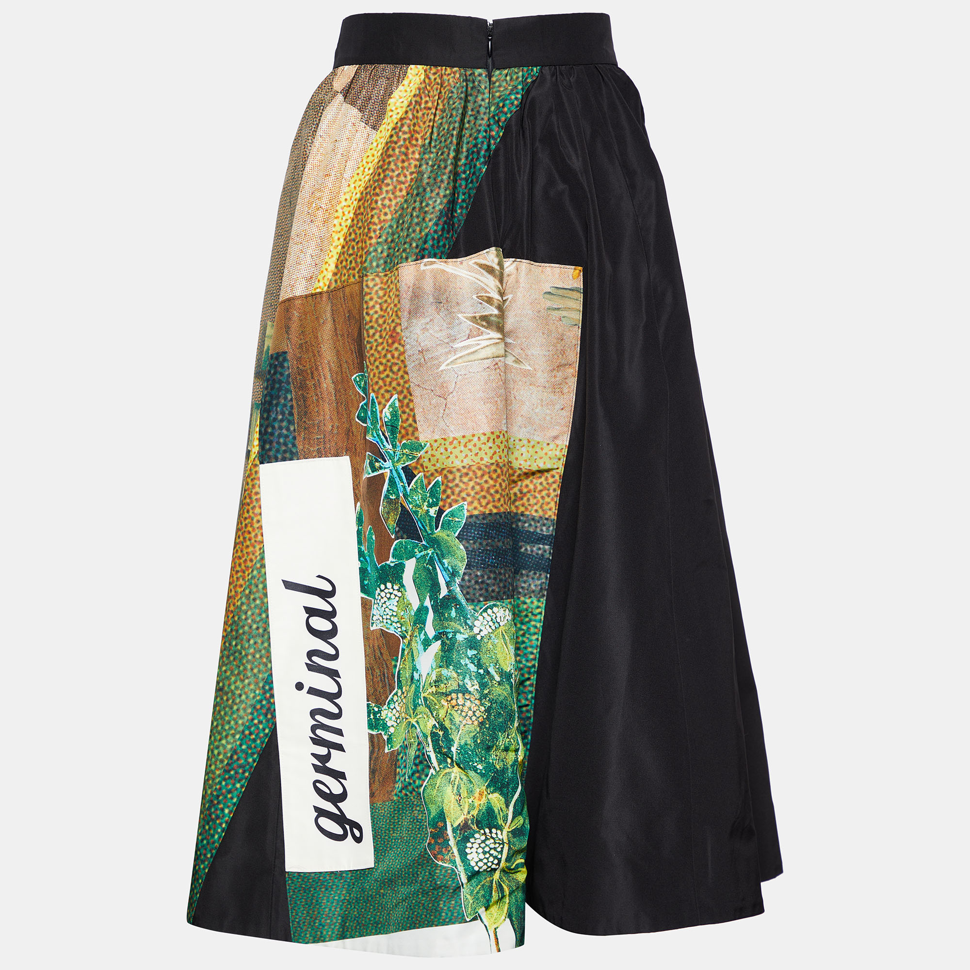 

Prada Black Printed Silk Patch Detail Germinal Midi Skirt