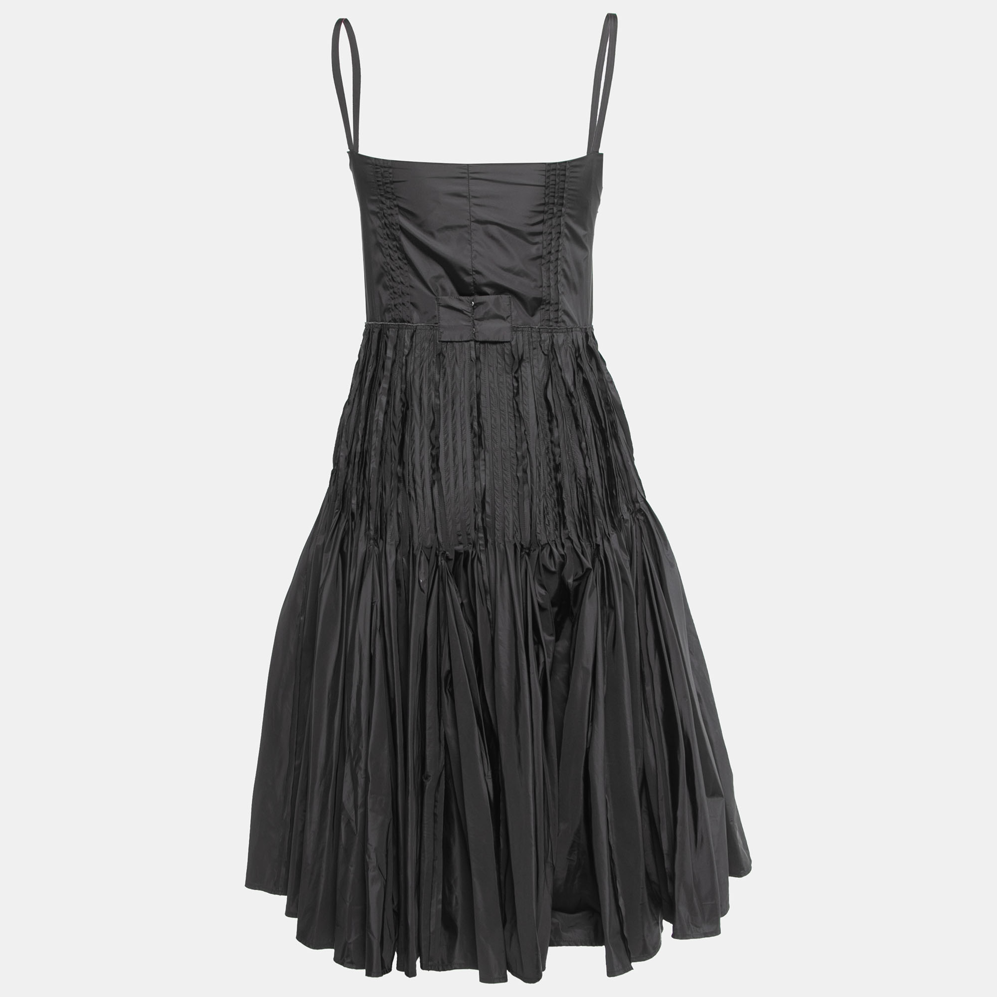 

Prada Black Coated Nylon Pleated Zip Front Strappy Midi Dress