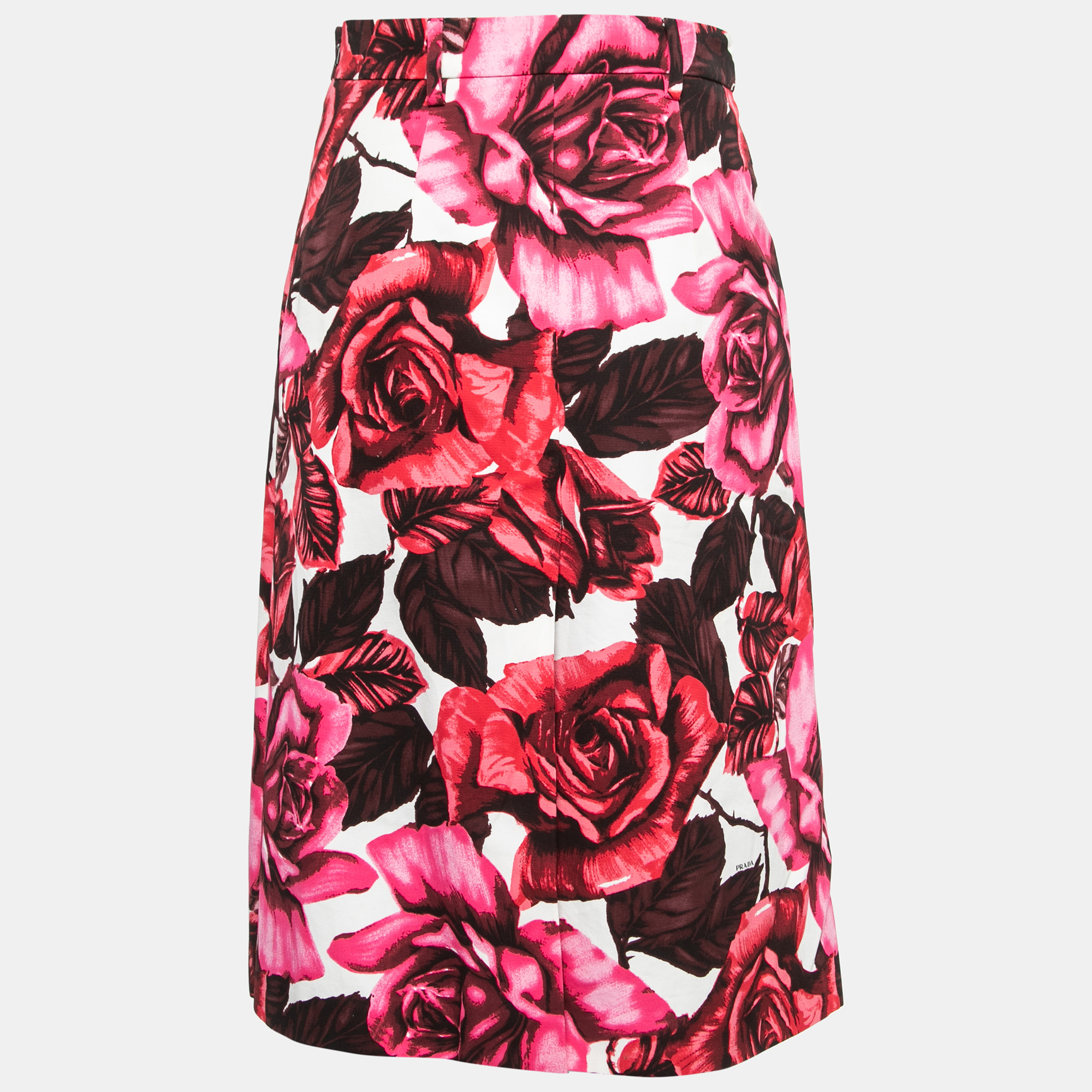 

Prada Pink Floral Printed Cotton A-Line Midi Skirt