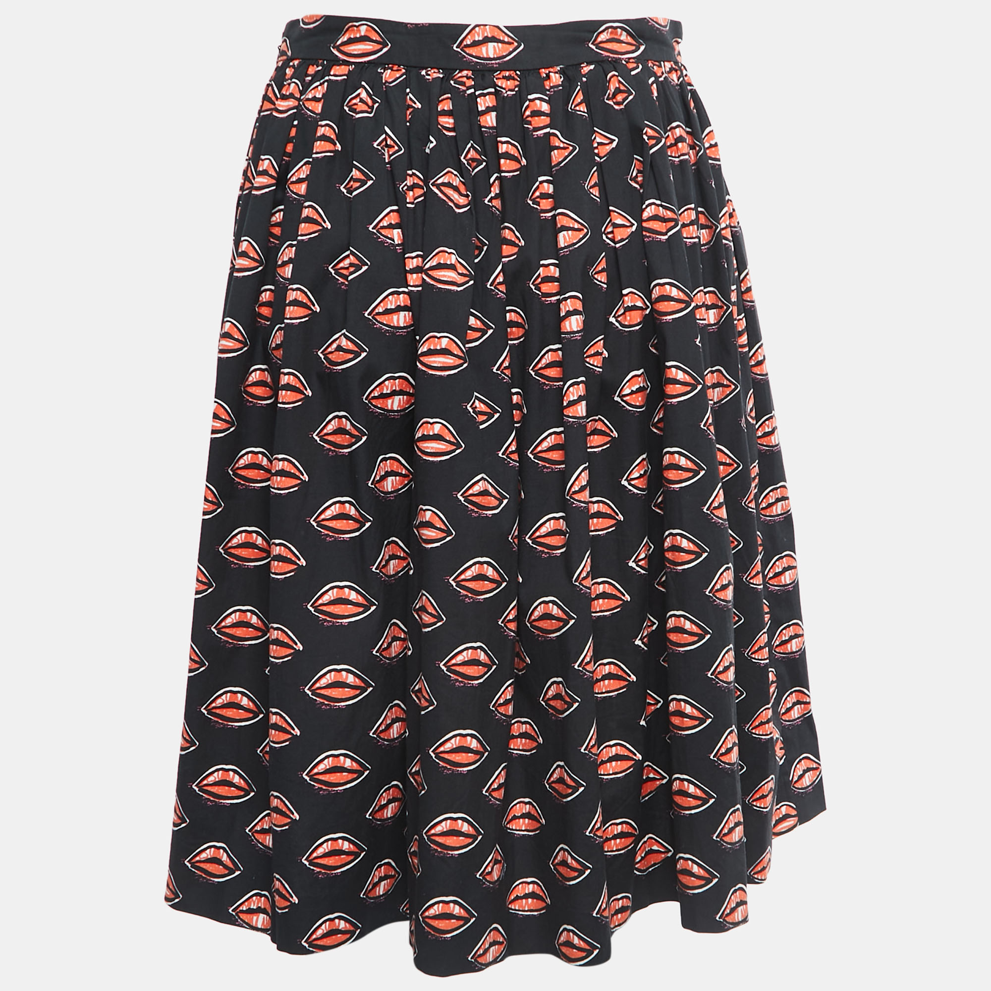 

Prada Black Lips Print Cotton Gathered Knee Length Skirt