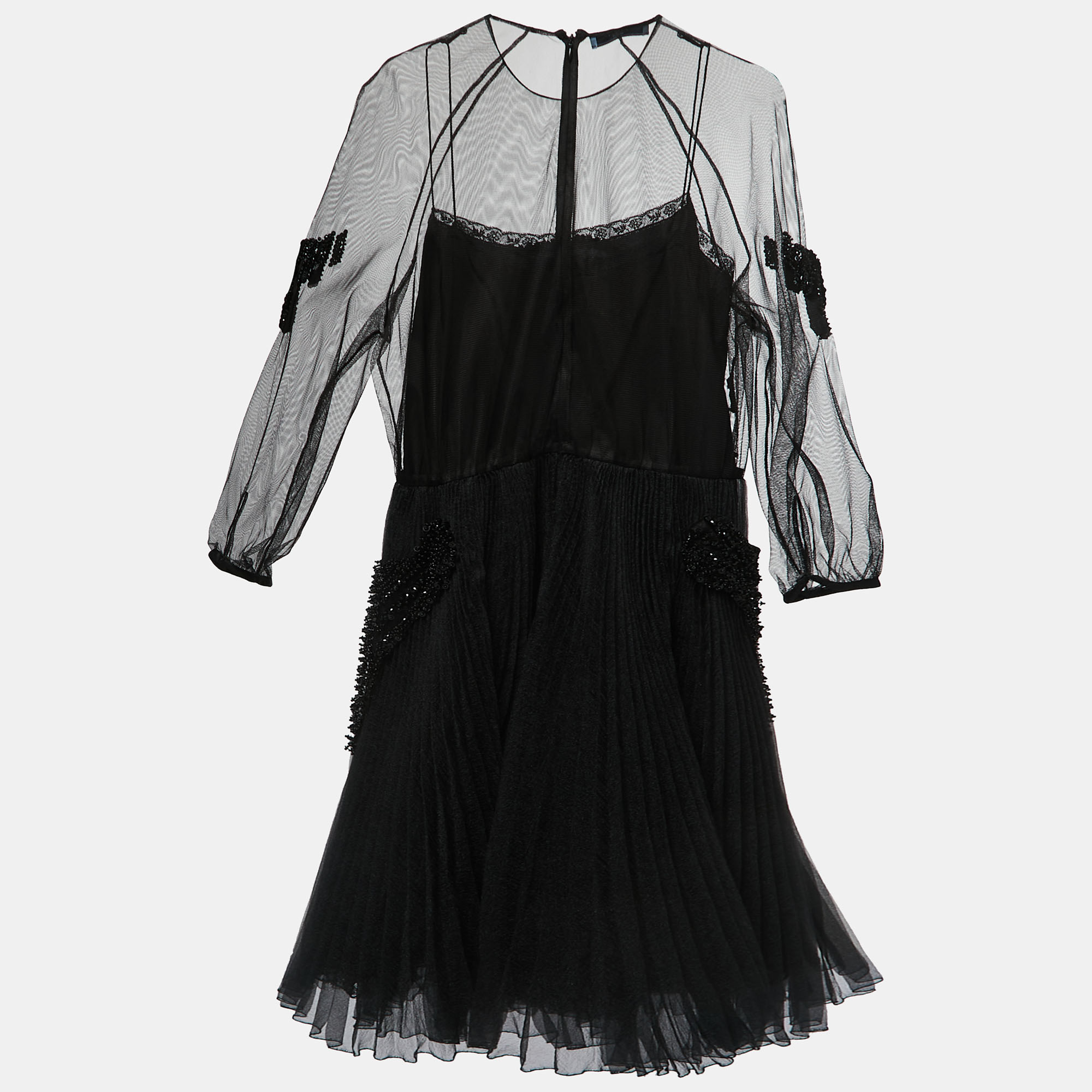 

Prada Black Crystals Embellished Mesh Pleated Mini Dress