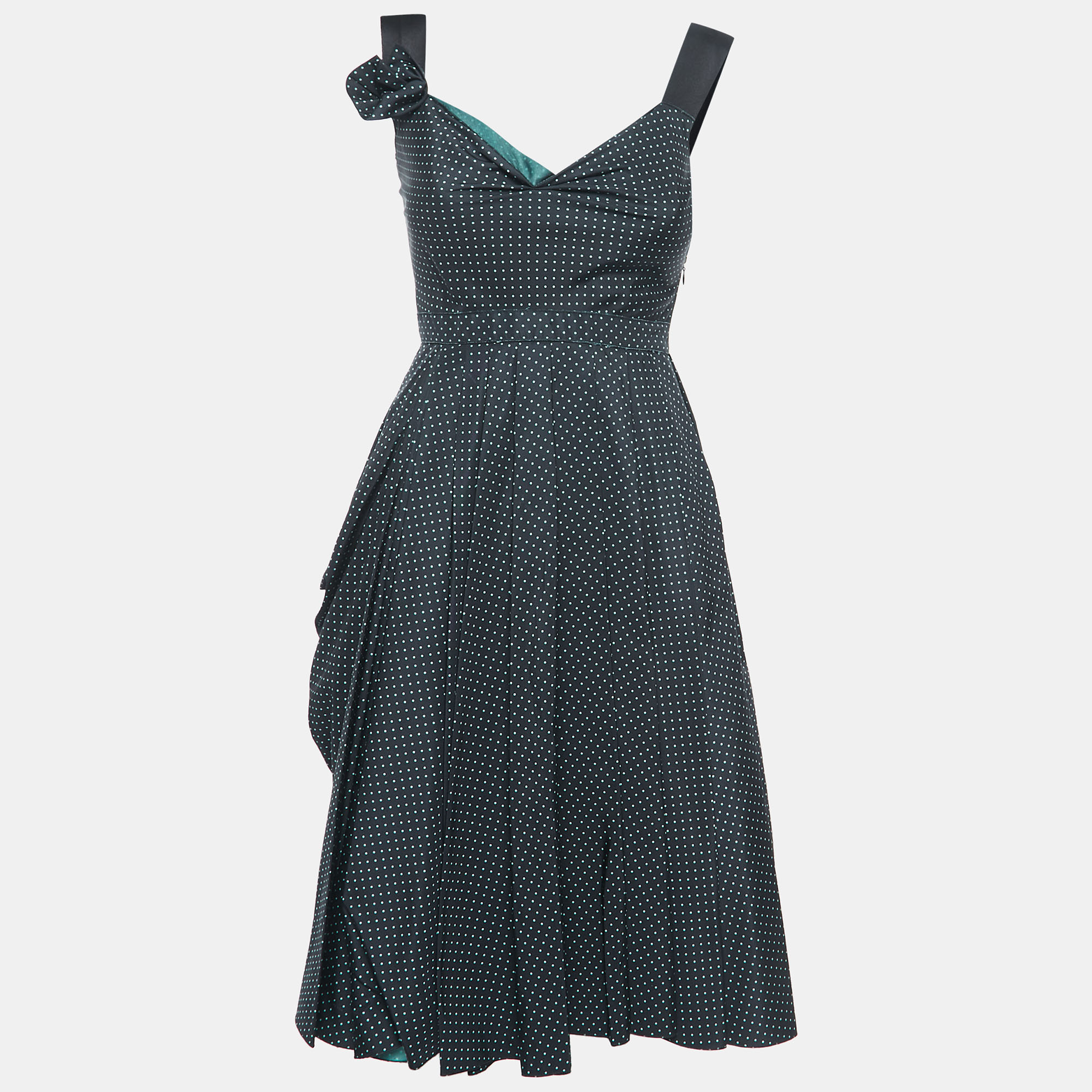 Pre-owned Prada Polka Dot Silk Draped Sleeveless Short Dress S In Black
