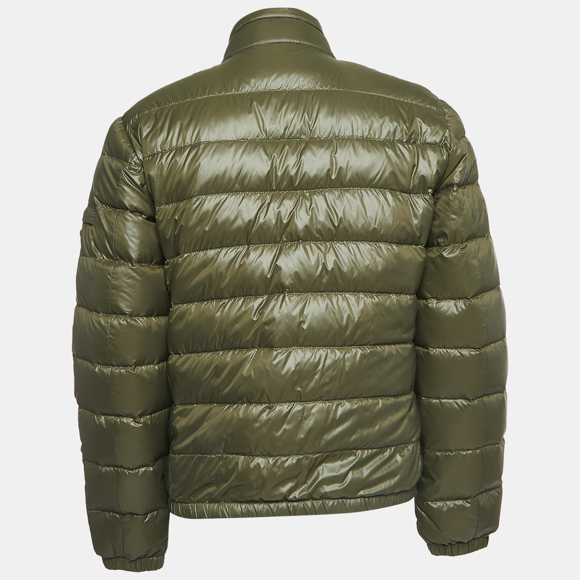 

Prada Military Green Quilted Nylon Logo Patch Zip Front Down Jacket