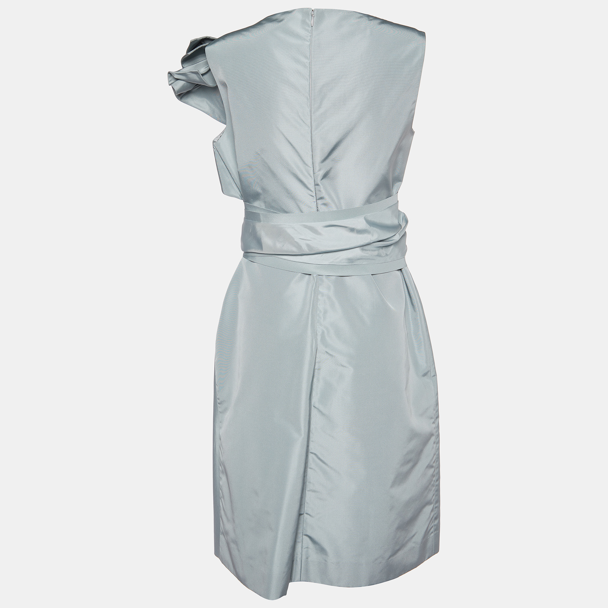 

Prada Grey Silk Taffeta Bow Detail Belted Sleeveless Midi Dress