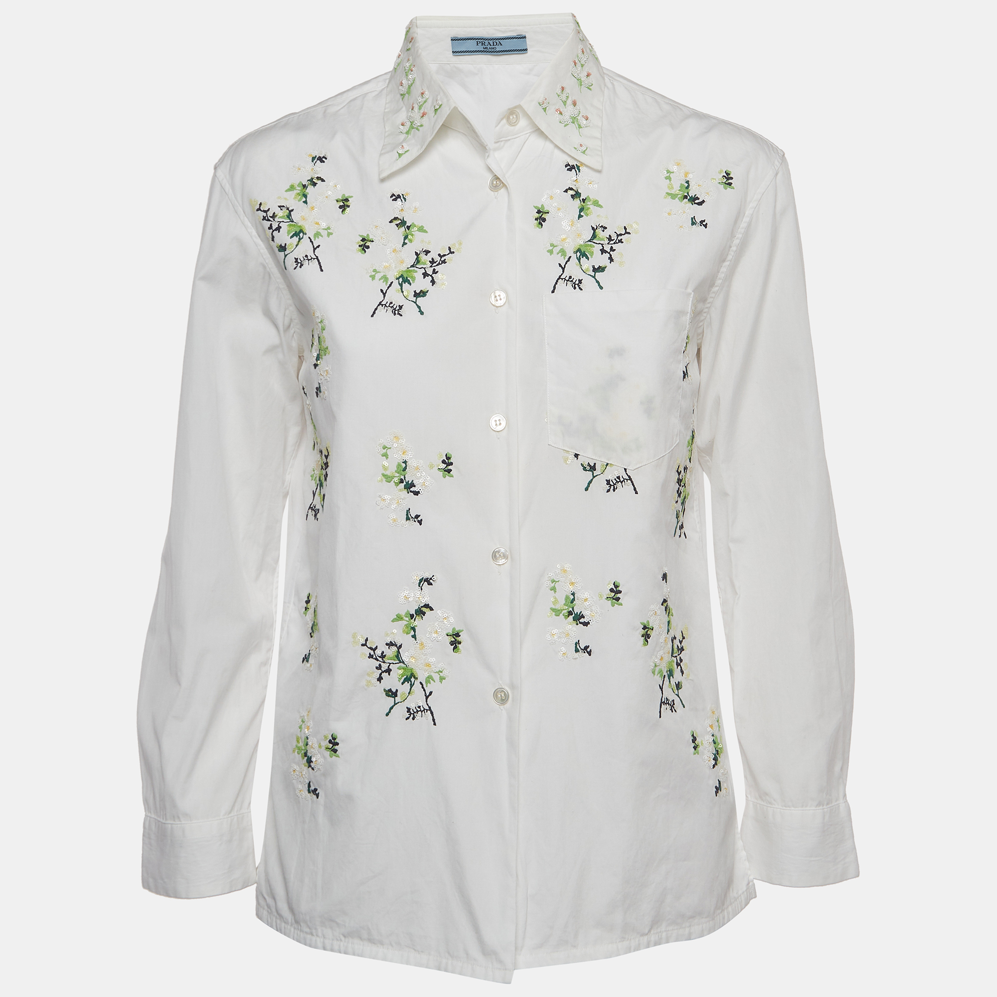 

Prada White Cotton Floral Sequin Embellished Button Front Shirt