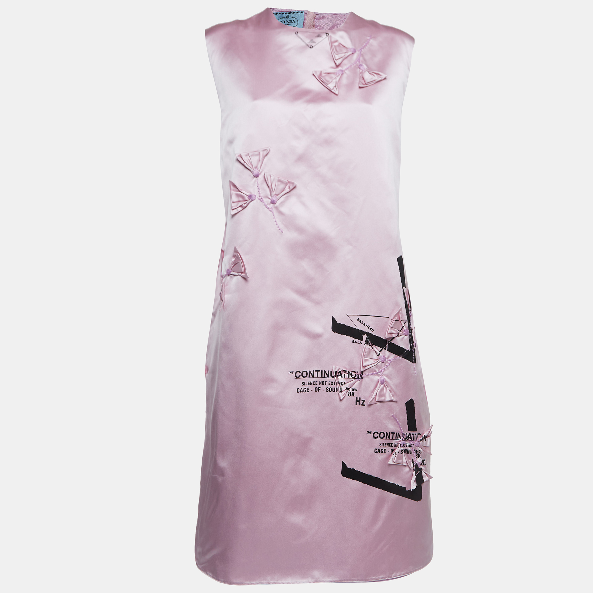 Pre-owned Prada Pink Printed Silk Floral Applique Duchess Shift Dress Xl
