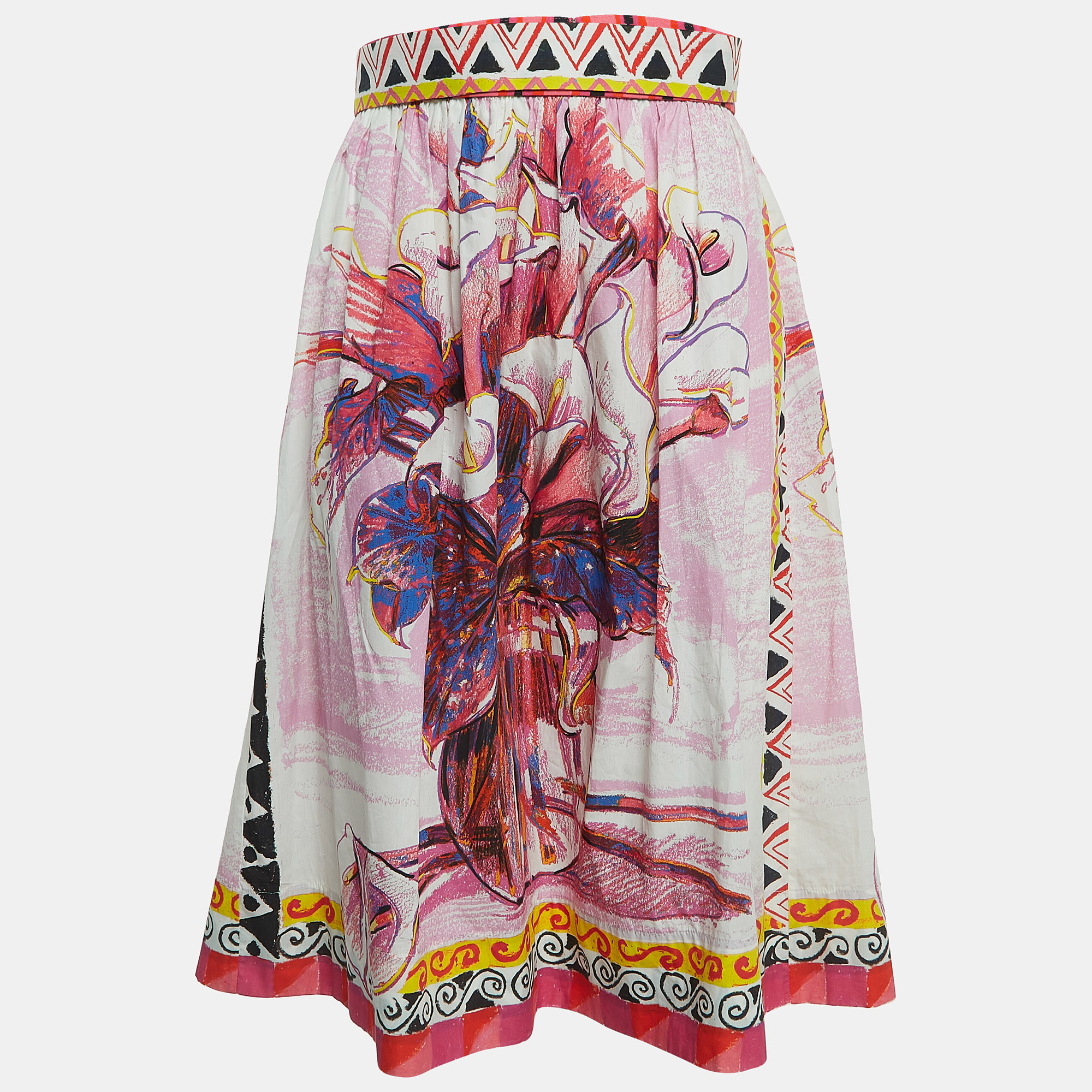 

Prada Pink Floral Print Cotton Pleated Midi Skirt