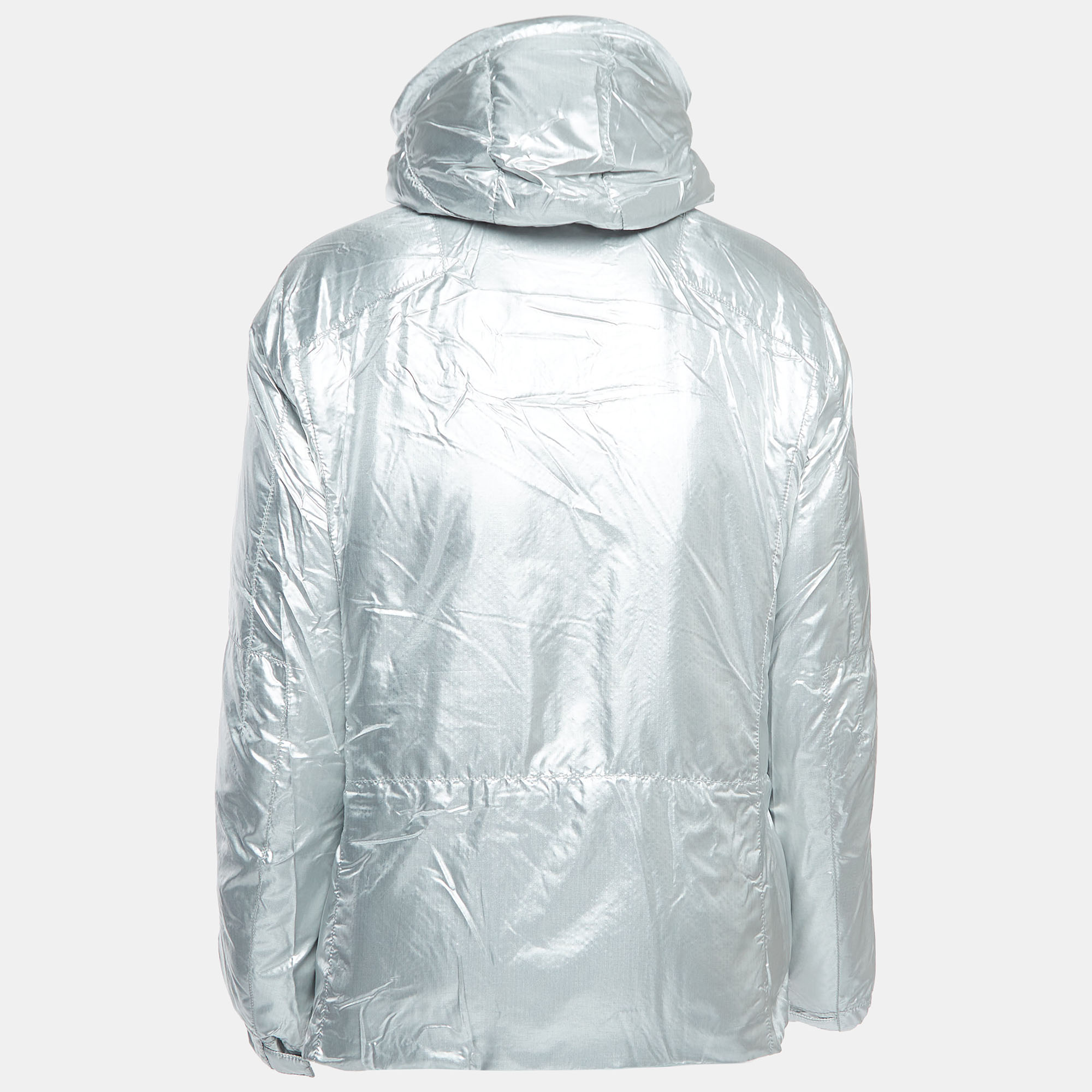 

Prada Vintage Silver Nylon Detachable Hood Down Jacket