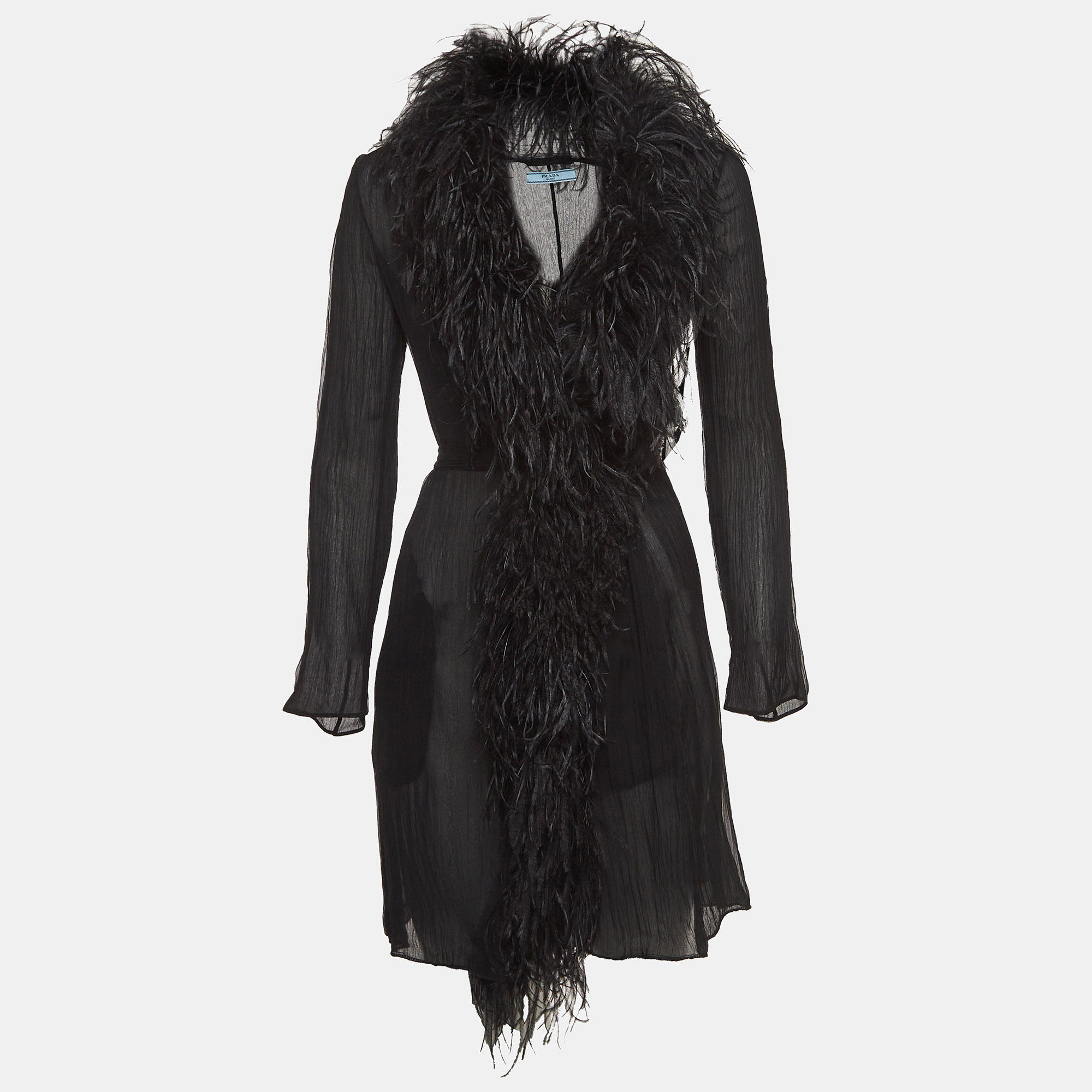 

Prada Black Ostrich Feather and Silk Crinkle Semi Sheer Mid Length Coat