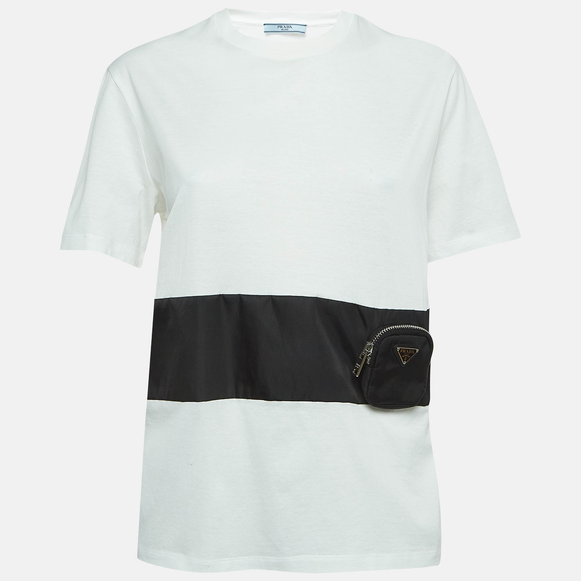 

Prada White Cotton Knit Re-Nylon Pouch Docking T-Shirt