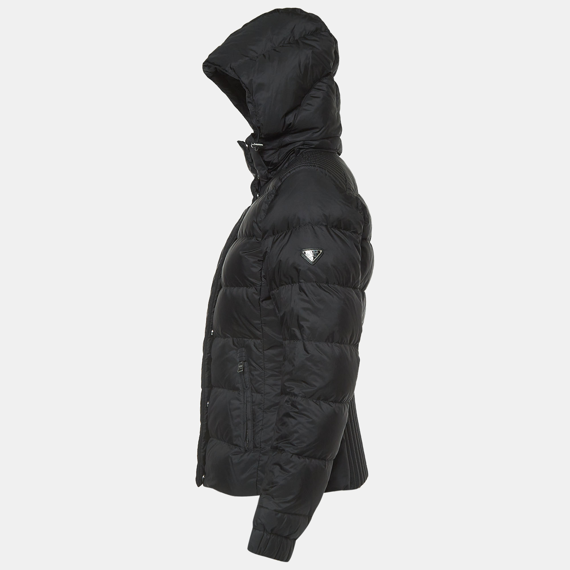 

Prada Black Nylon Triangle Logo Applique Hooded Puffer Jacket
