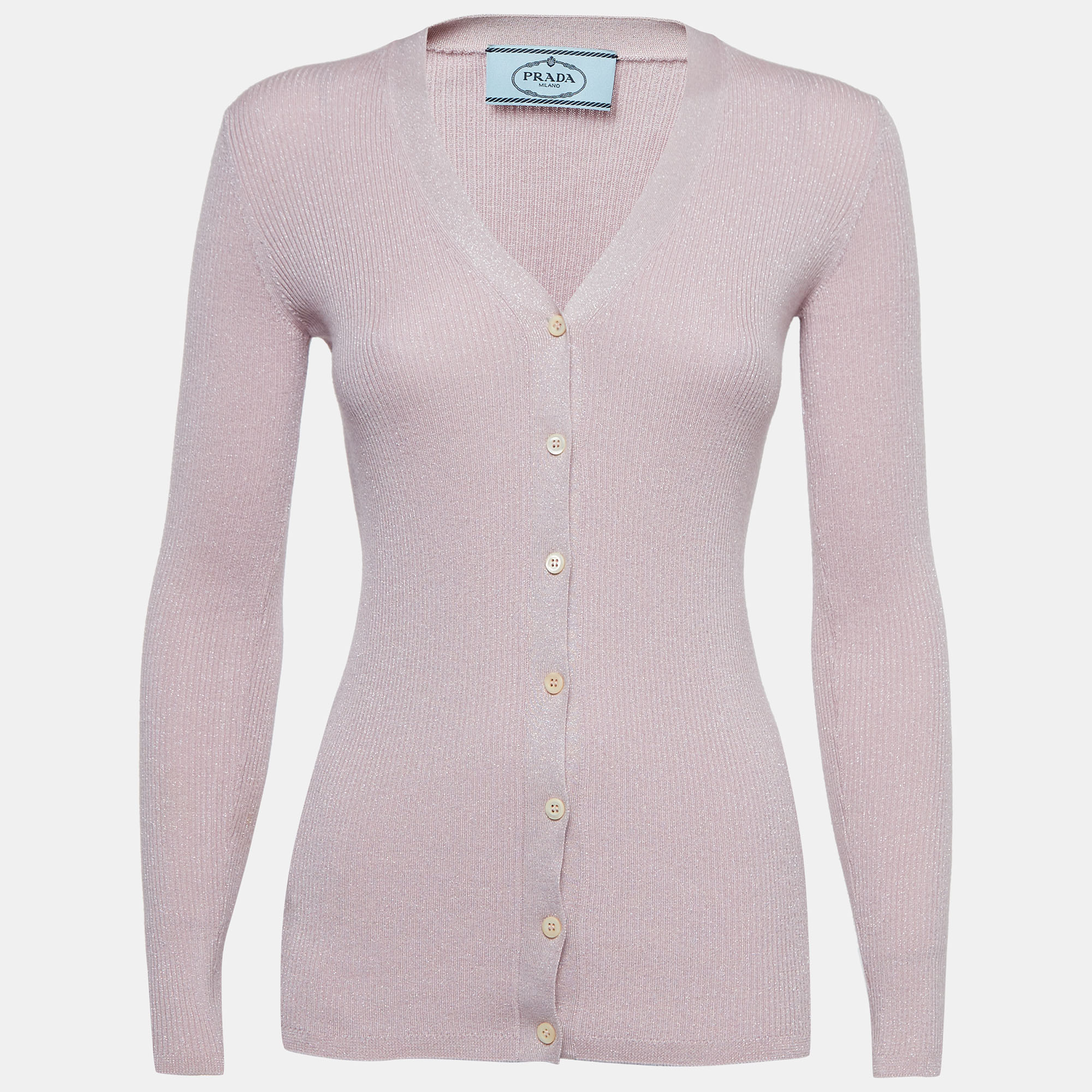 

Prada Pink Rib Lurex Knit Buttoned Cardigan