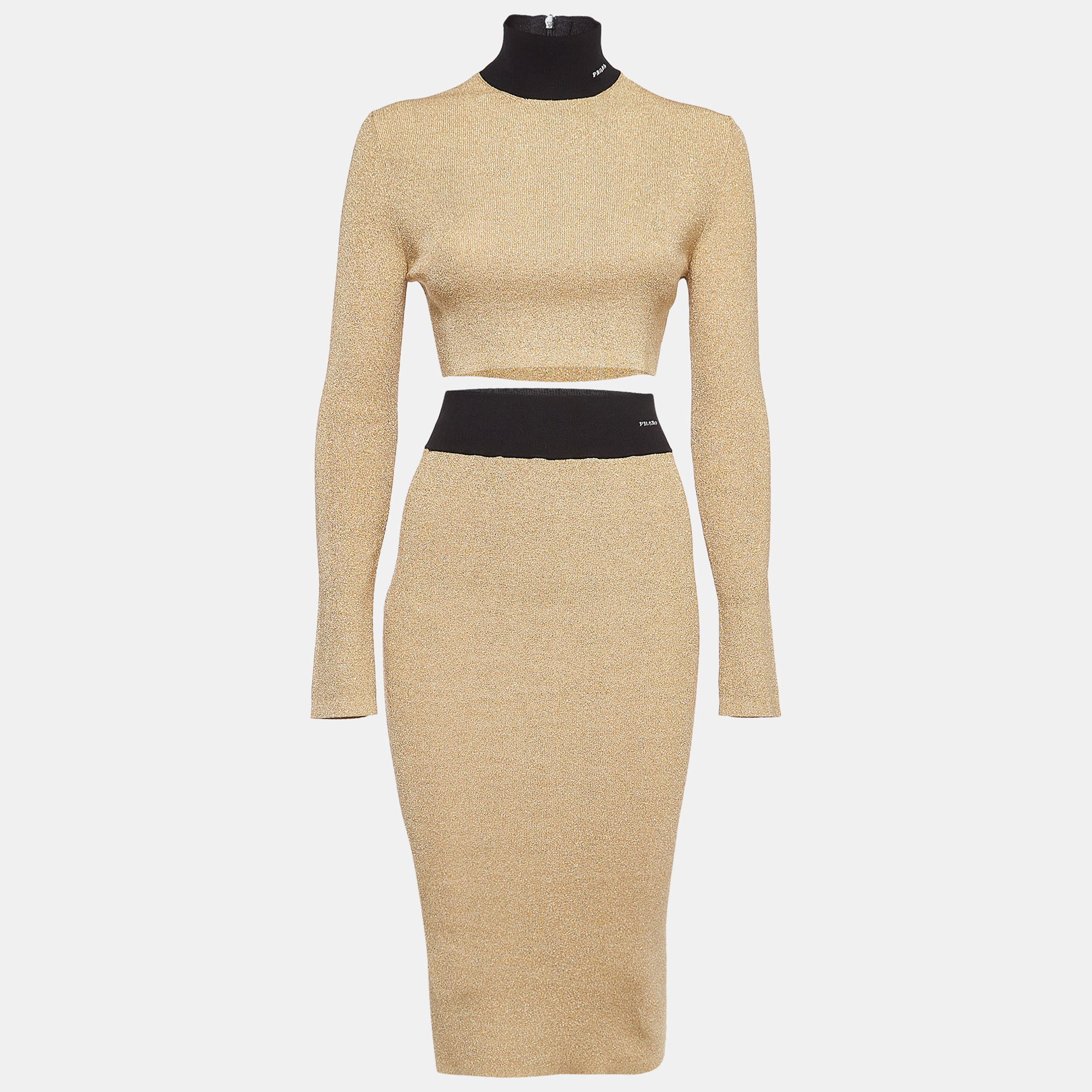 

Prada Gold Logo Intarsia Lamé Knit Crop Top and Skirt Set