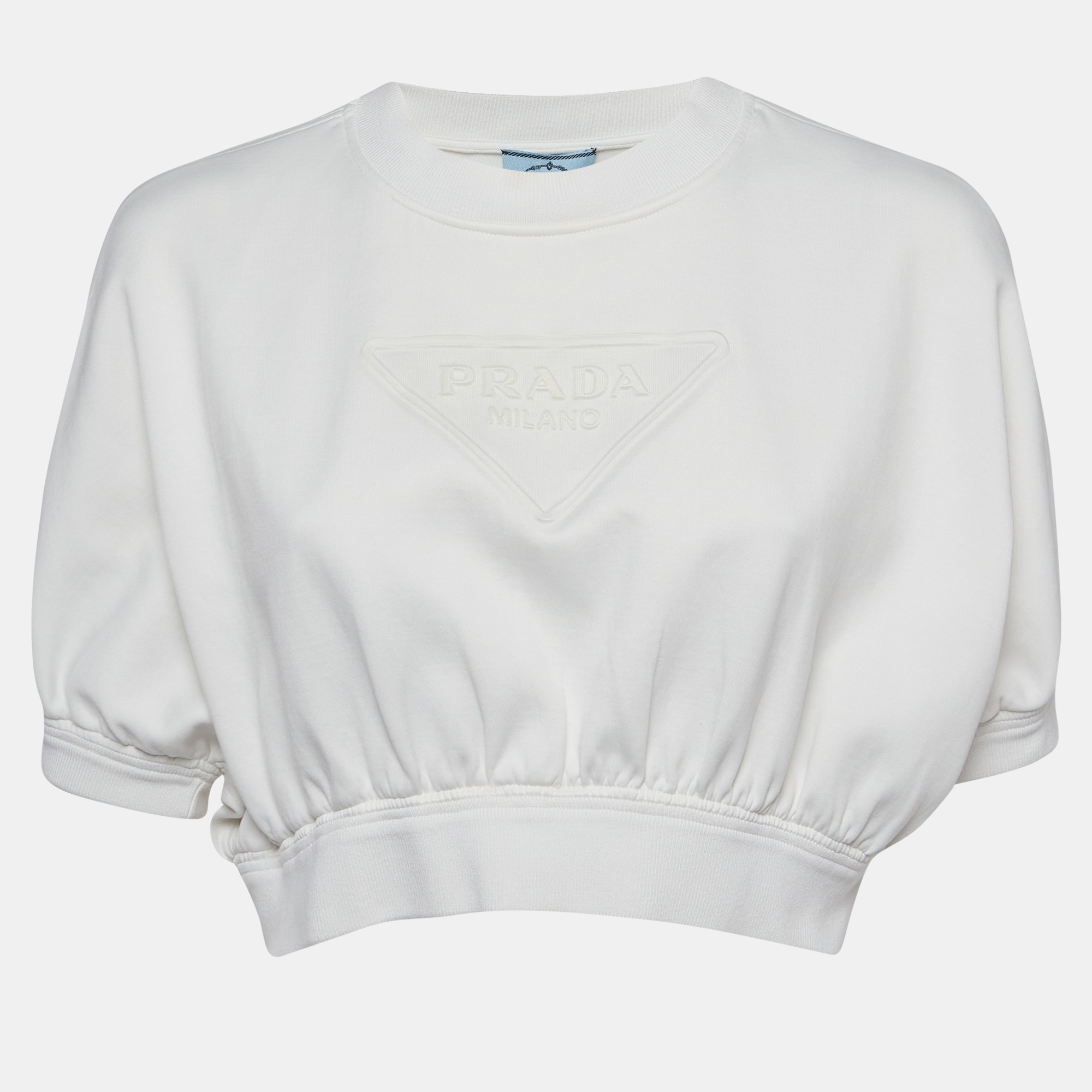 

Prada White Logo Embossed Jersey Cropped T-Shirt