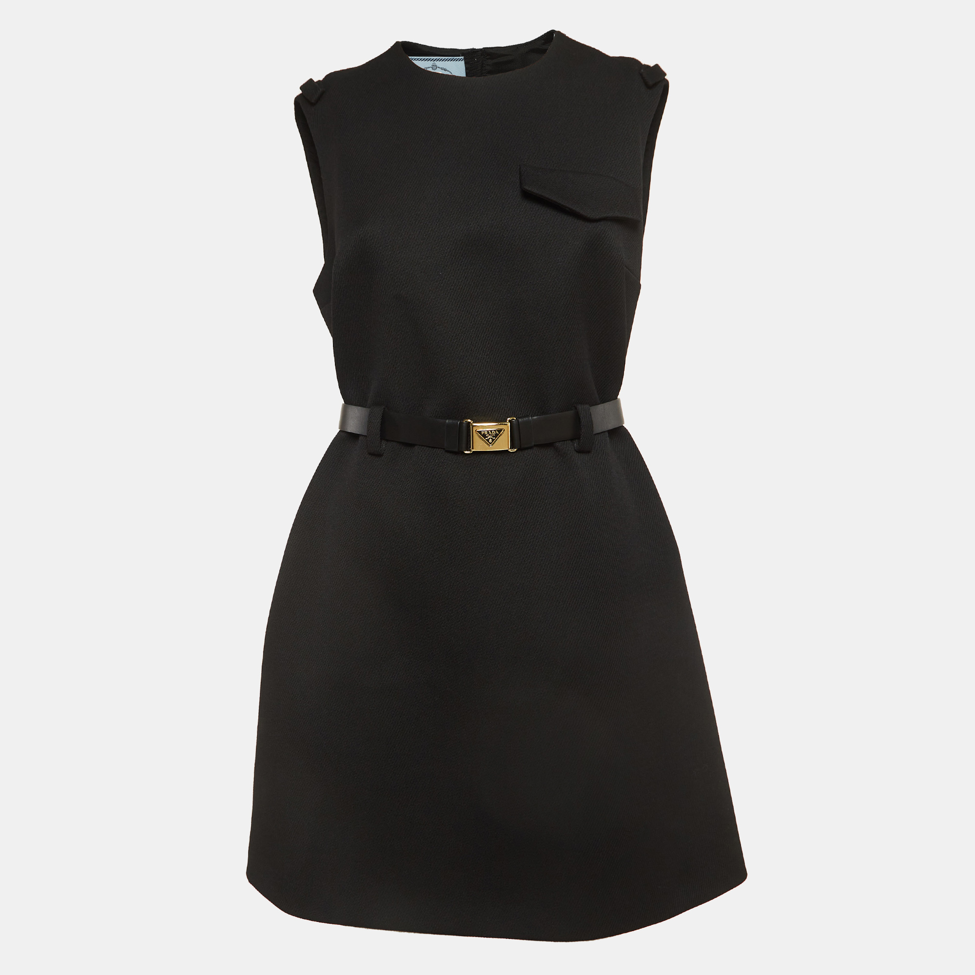 

Prada Black Stretch Natté Tulle Sleeveless Belted Mini Dress