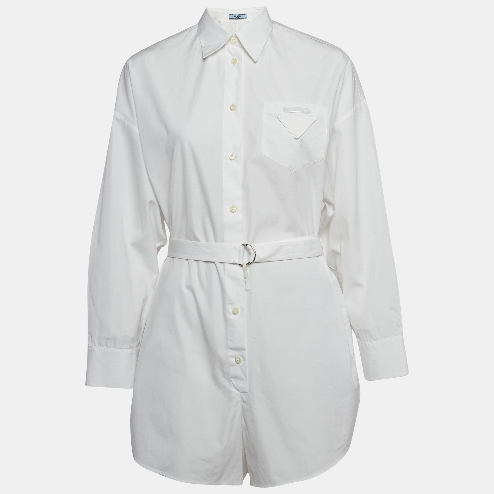 

Prada White Cotton Poplin Belted Shirt Style Playsuit