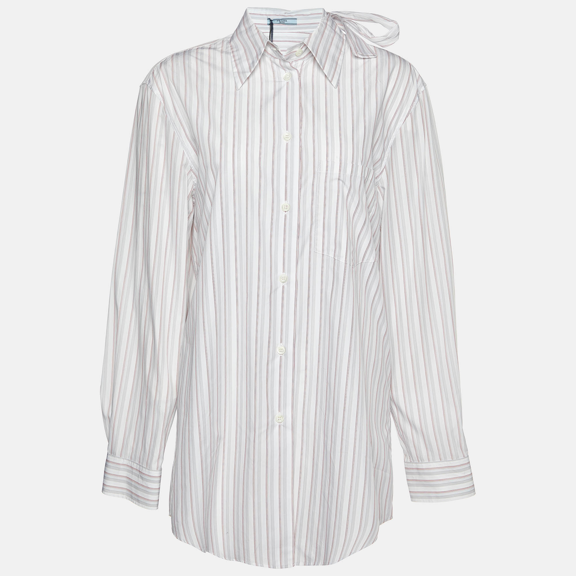 Pre-owned Prada White Striped Cotton Tie Neck Button Front Shirt M