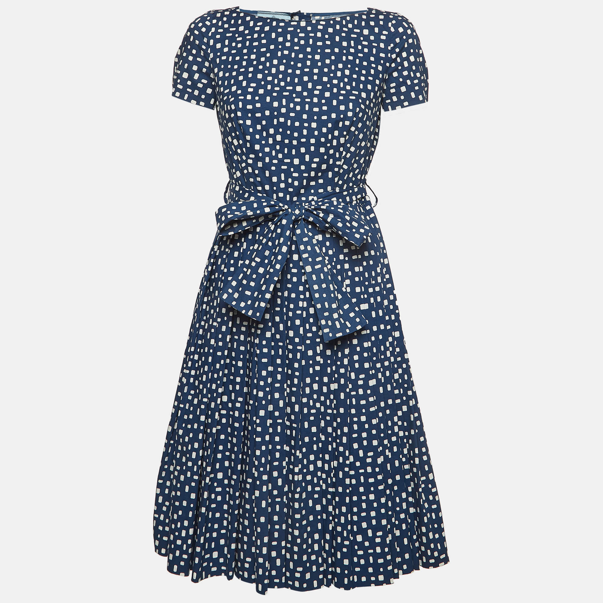 

Prada Navy Blue Geometric Print Cotton Pleated Mini Dress