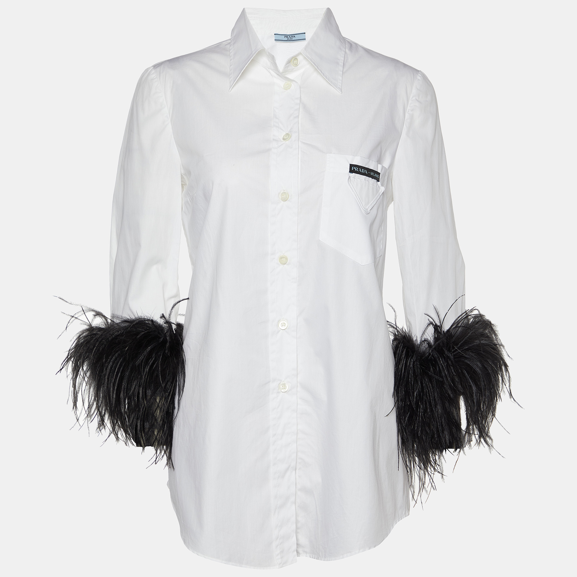 

Prada White Cotton Feather Trimmed Button Front Shirt