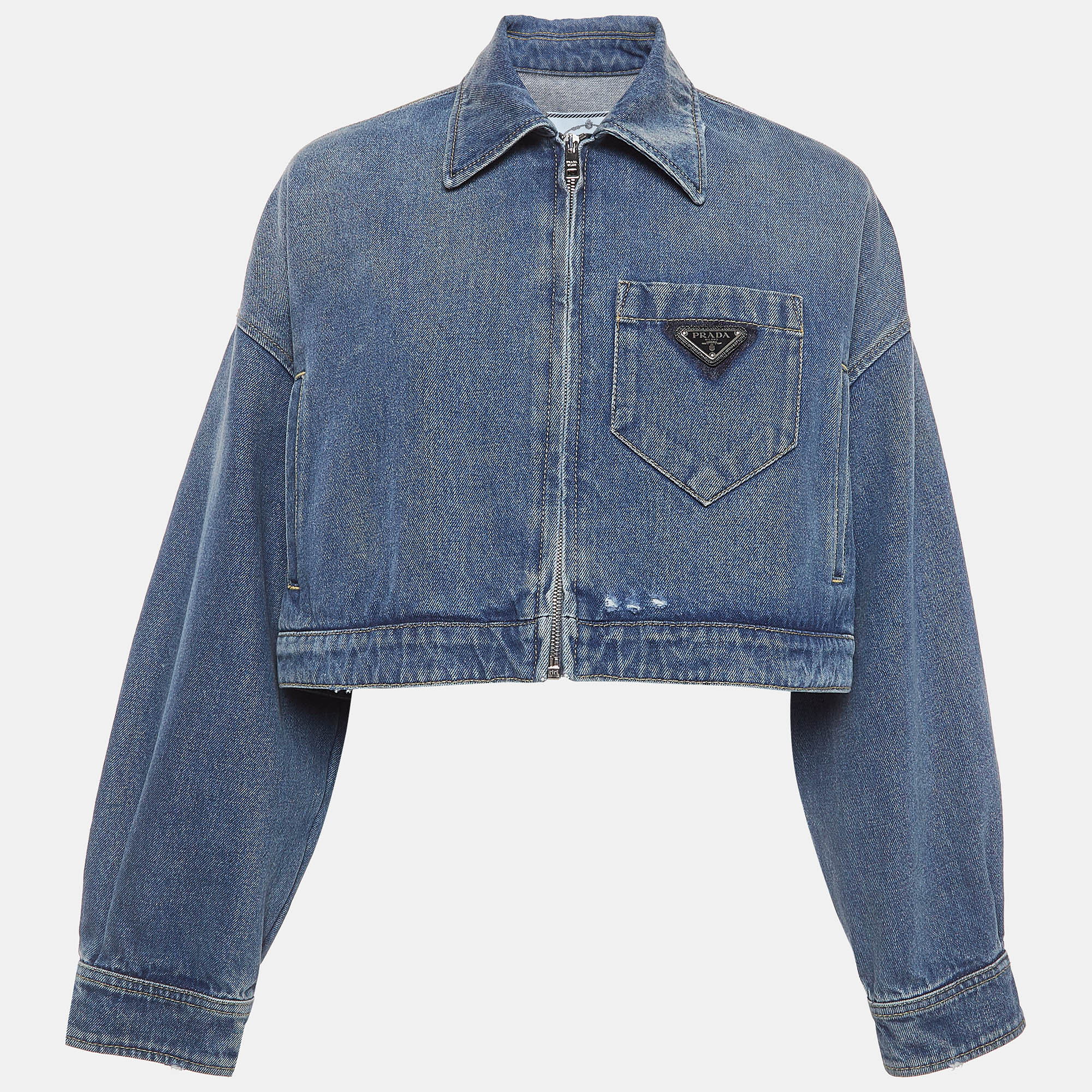 Pre-owned Prada Blue Logo Triangle Denim Cropped Jacket Xs