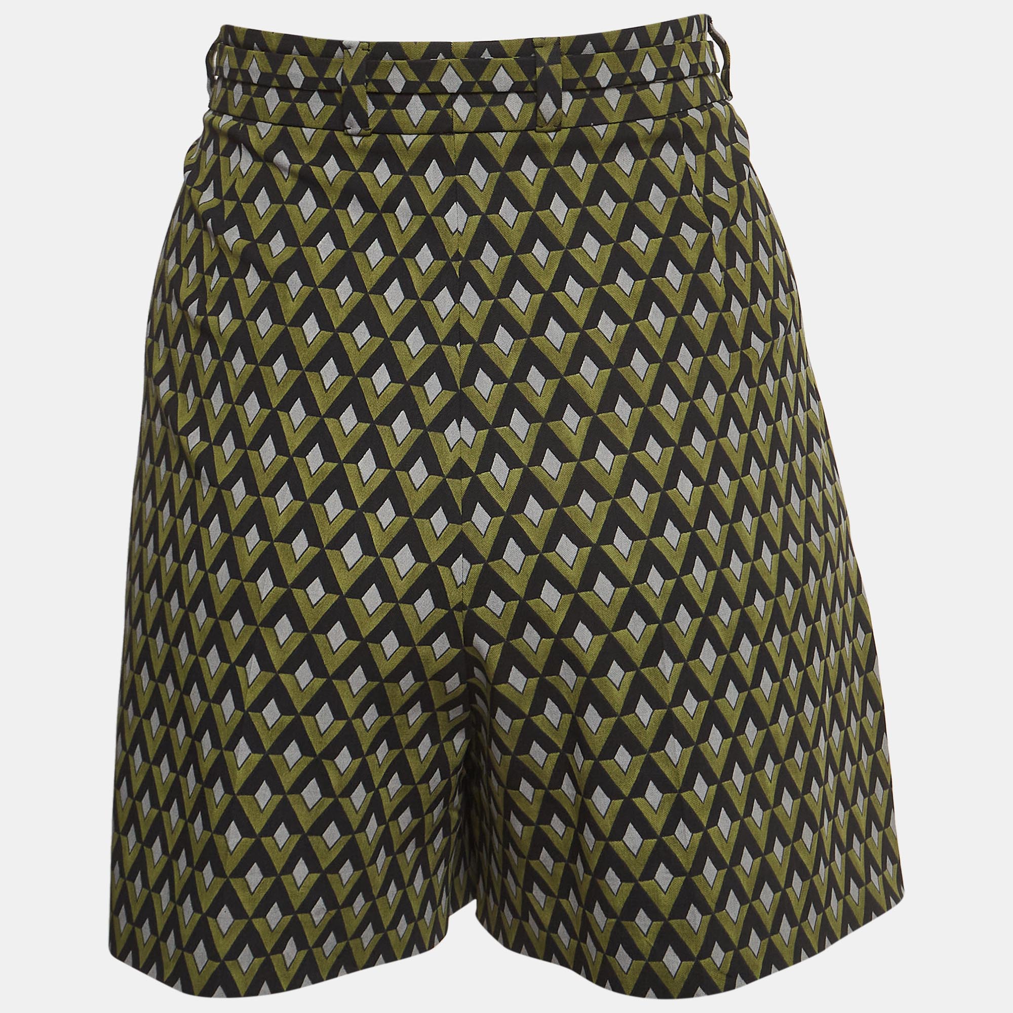 

Prada Green Geometric Print Virgin Wool Belted Shorts M