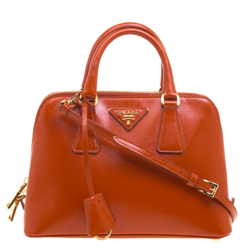 Prada Orange Saffiano Vernic Leather Small Promenade Crossbody Bag