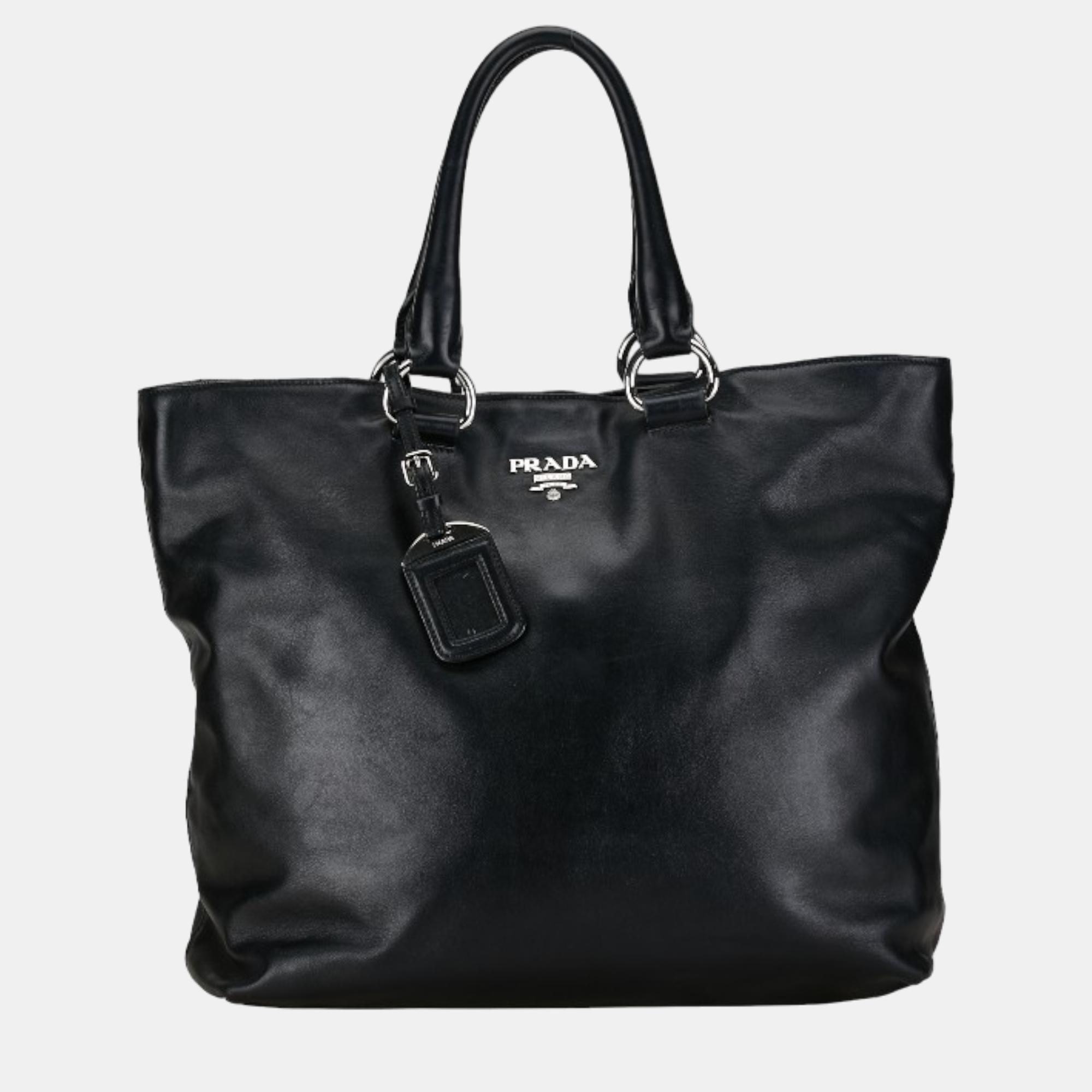 

Prada Black Leather Vitello Danio Shopping Tote Bag