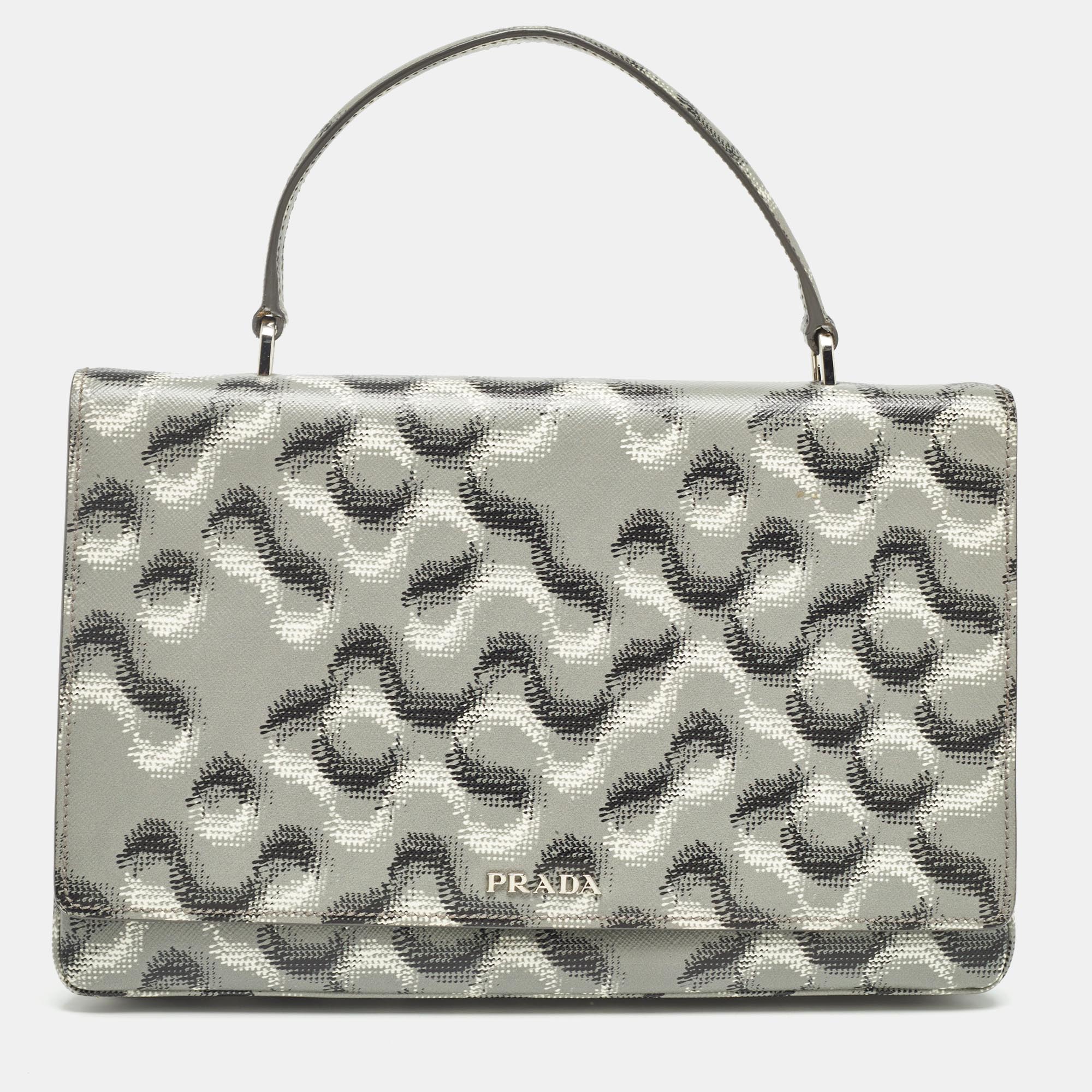 Pre-owned Prada Grey Molecule Print Leather Flap Top Handle Bag