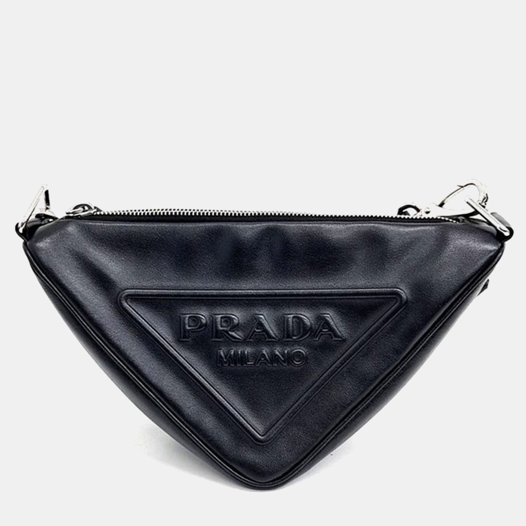 

Prada Black Leather Logo Embossed Triangle shoulder bag