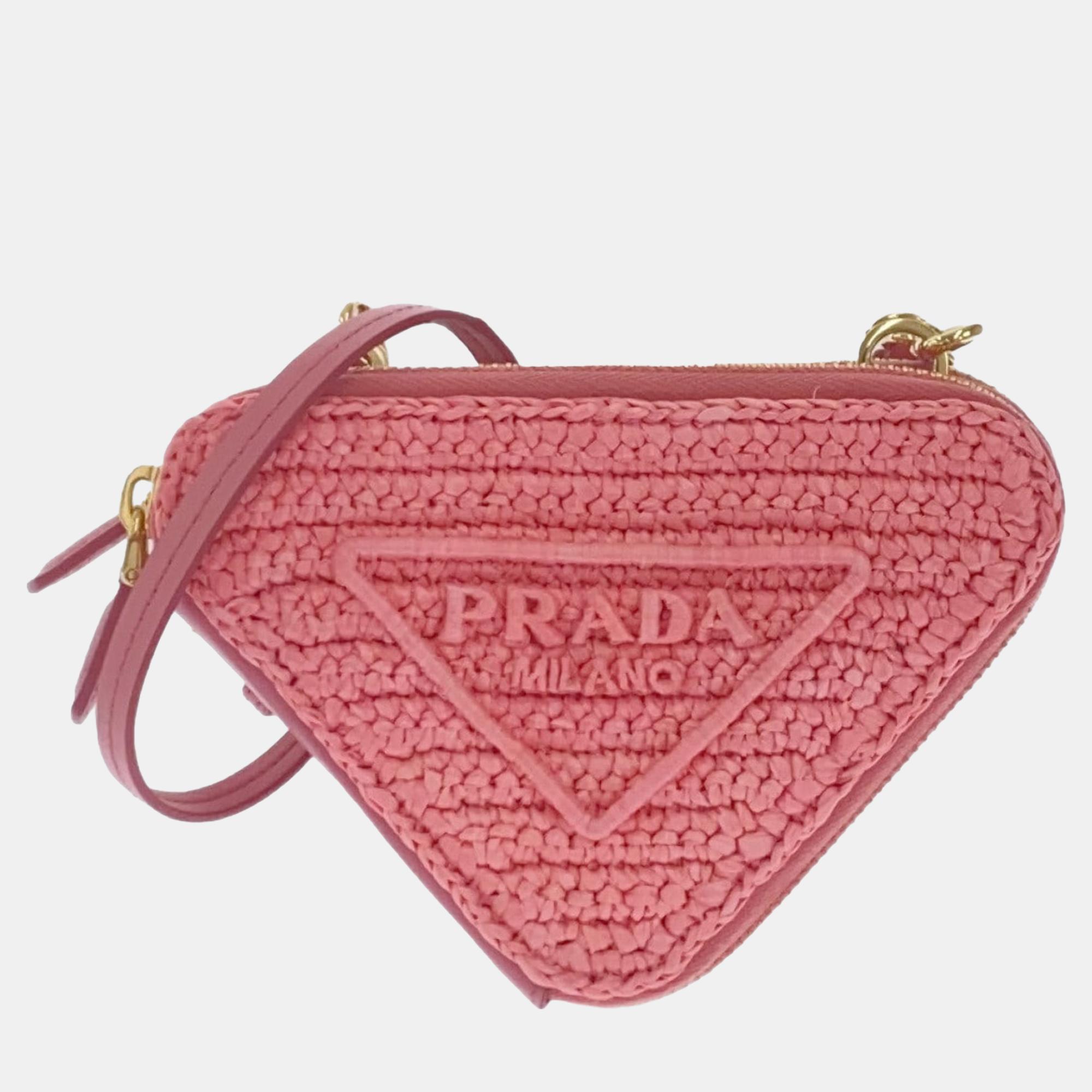 

Prada Pink Mini Raffia Crochet Logo Embroidered Triangle Pouch