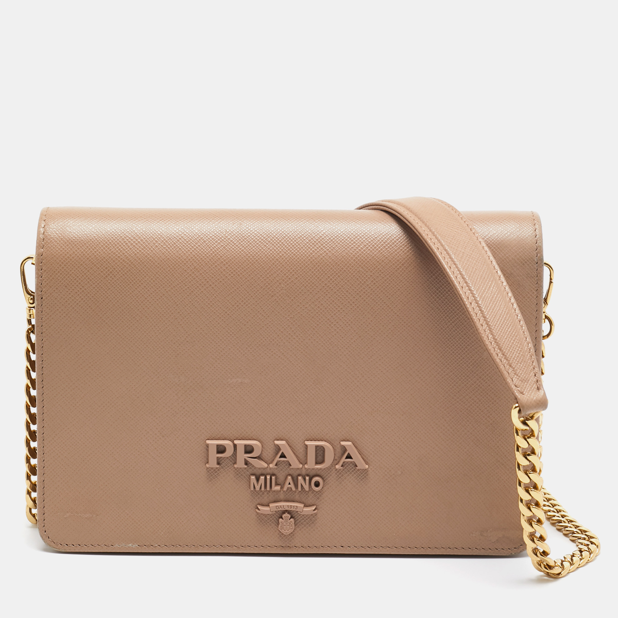 Pre Owned Prada Beige Saffiano Leather Wallet on Chain