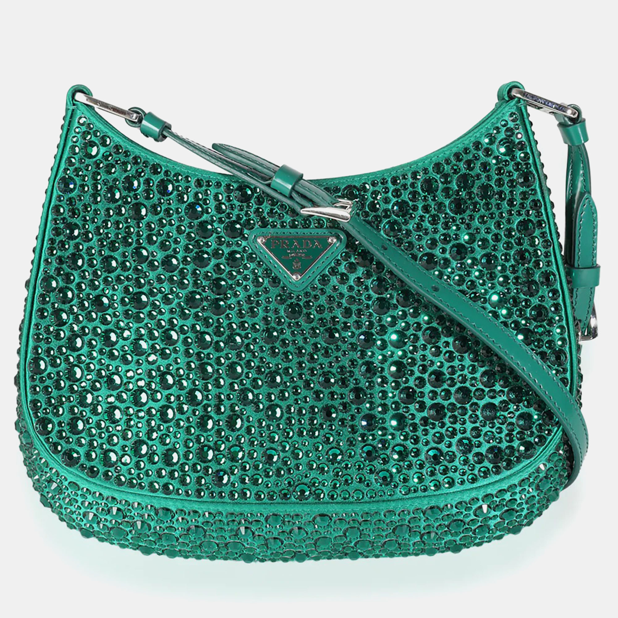 

Prada Green Satin Crystal Embellished Cleo Shoulder Bag