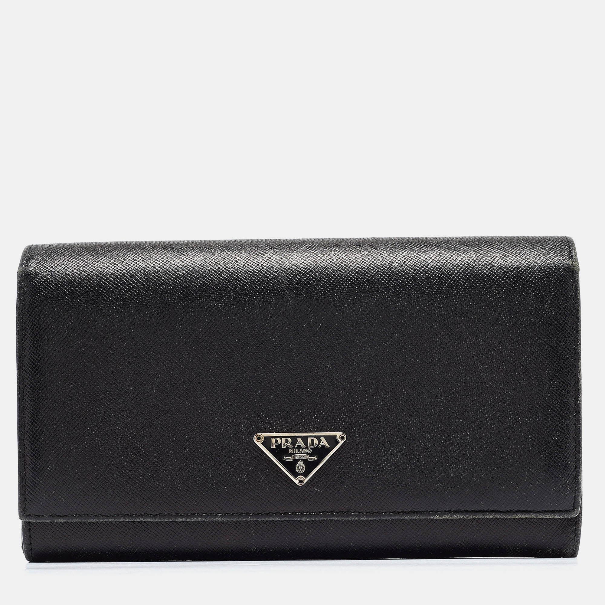 

Prada Black Saffiano Metal Leather Logo Flap Continental Wallet