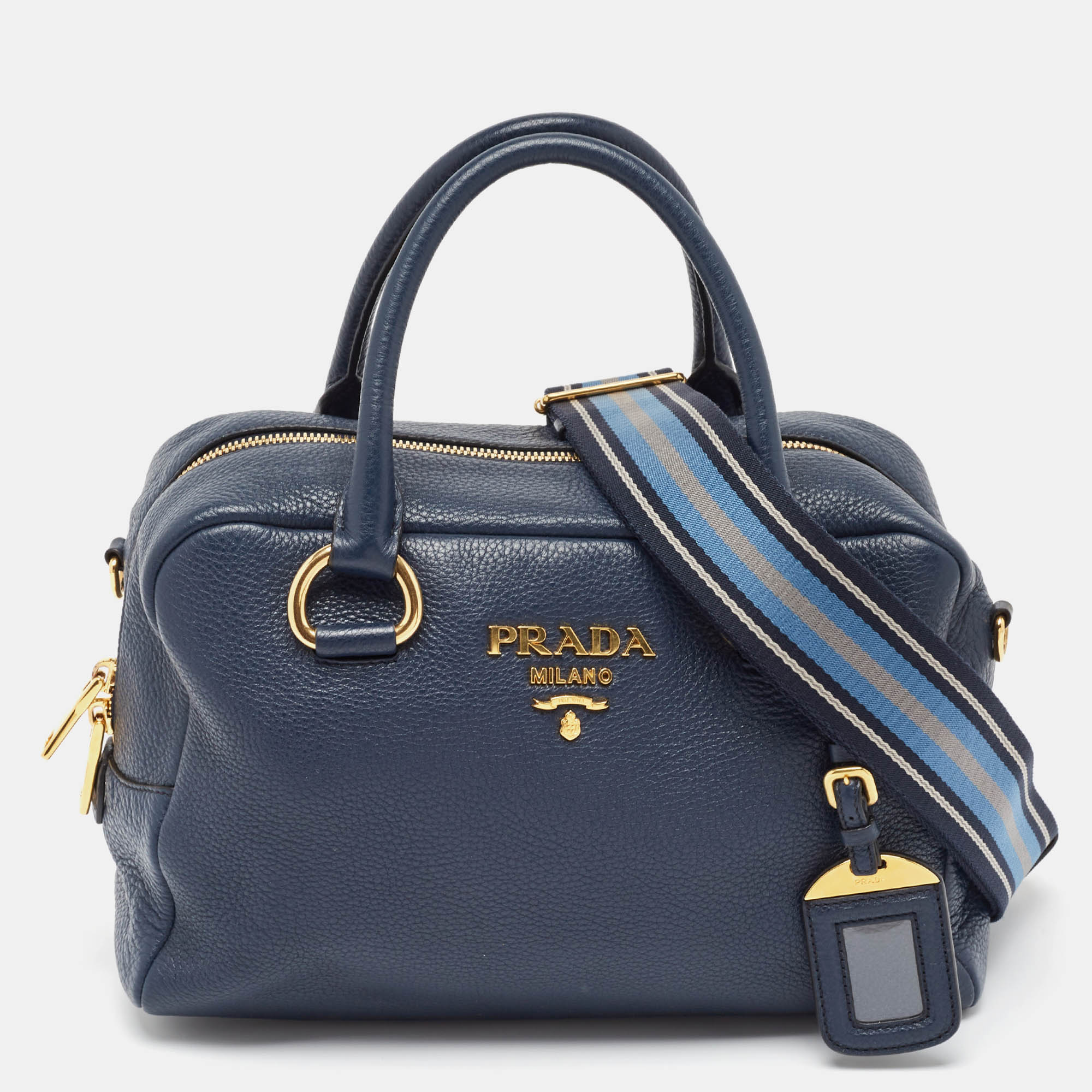 

Prada Navy Blue Vitello Daino Leather Boston Bag