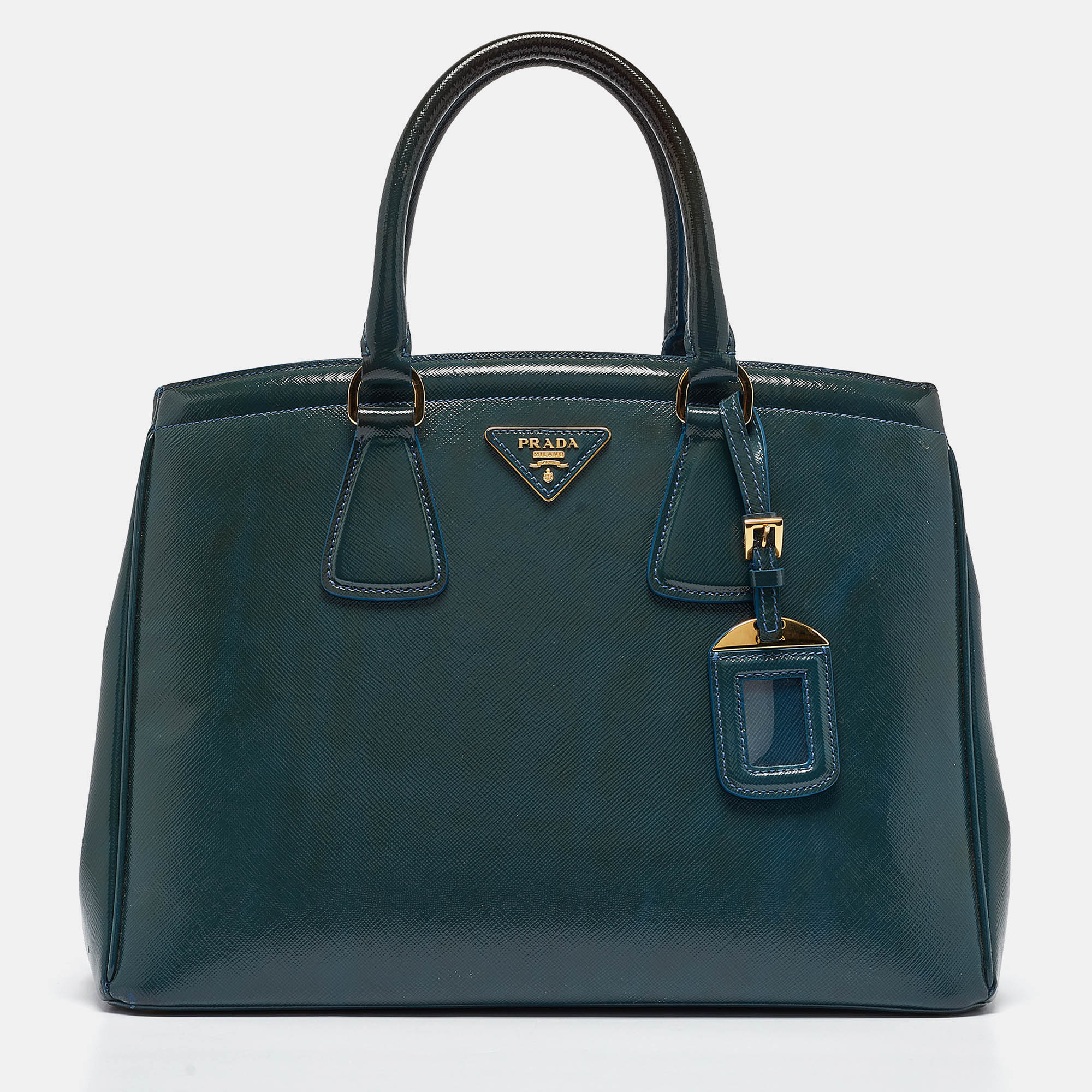 

Prada Teal Saffiano Patent Leather Parabole Tote, Green