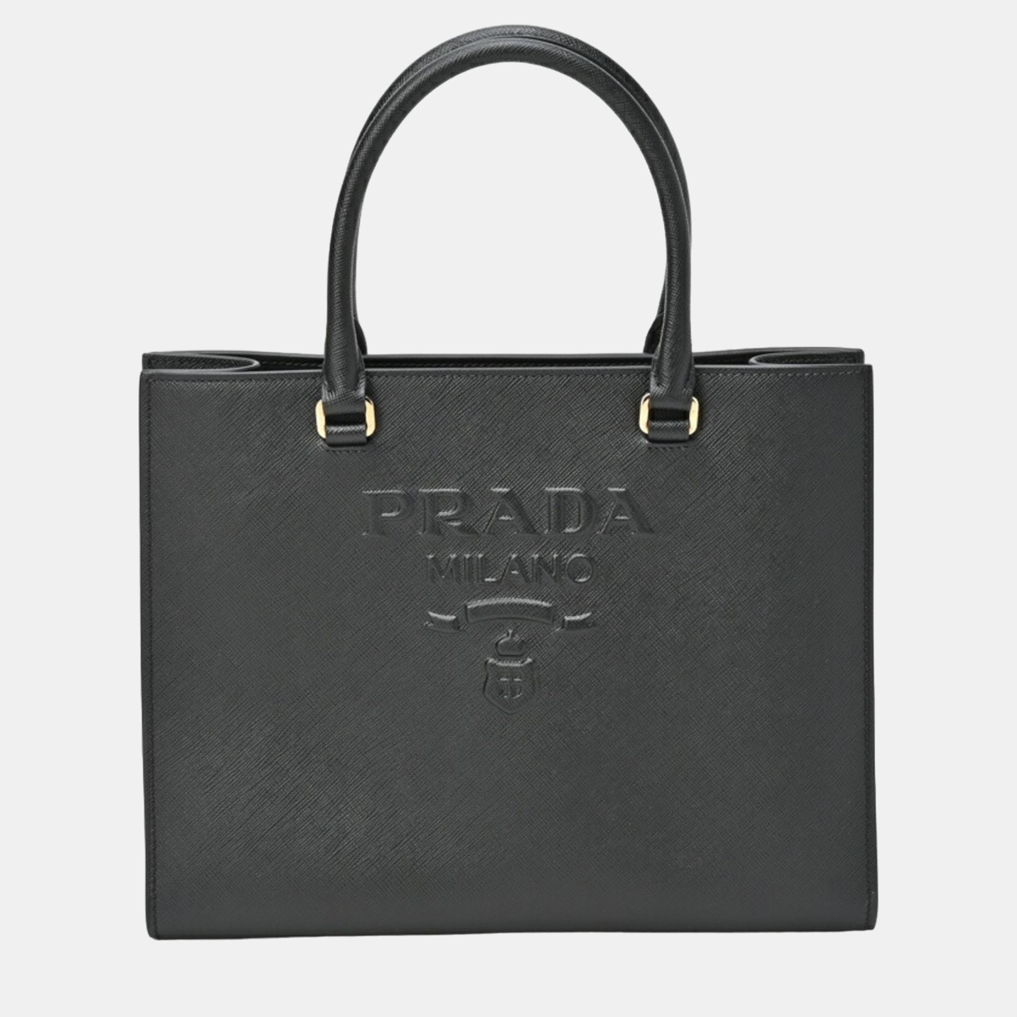 Pre-owned Prada Black Saffiano Leather Medium Lux Embossed Logo Tote Bag