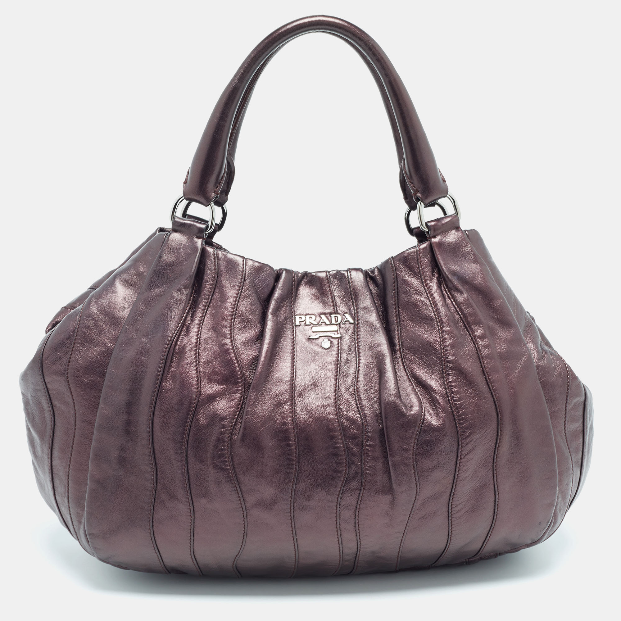 Pre-owned Prada Metallic Purple Leather Wave Hobo