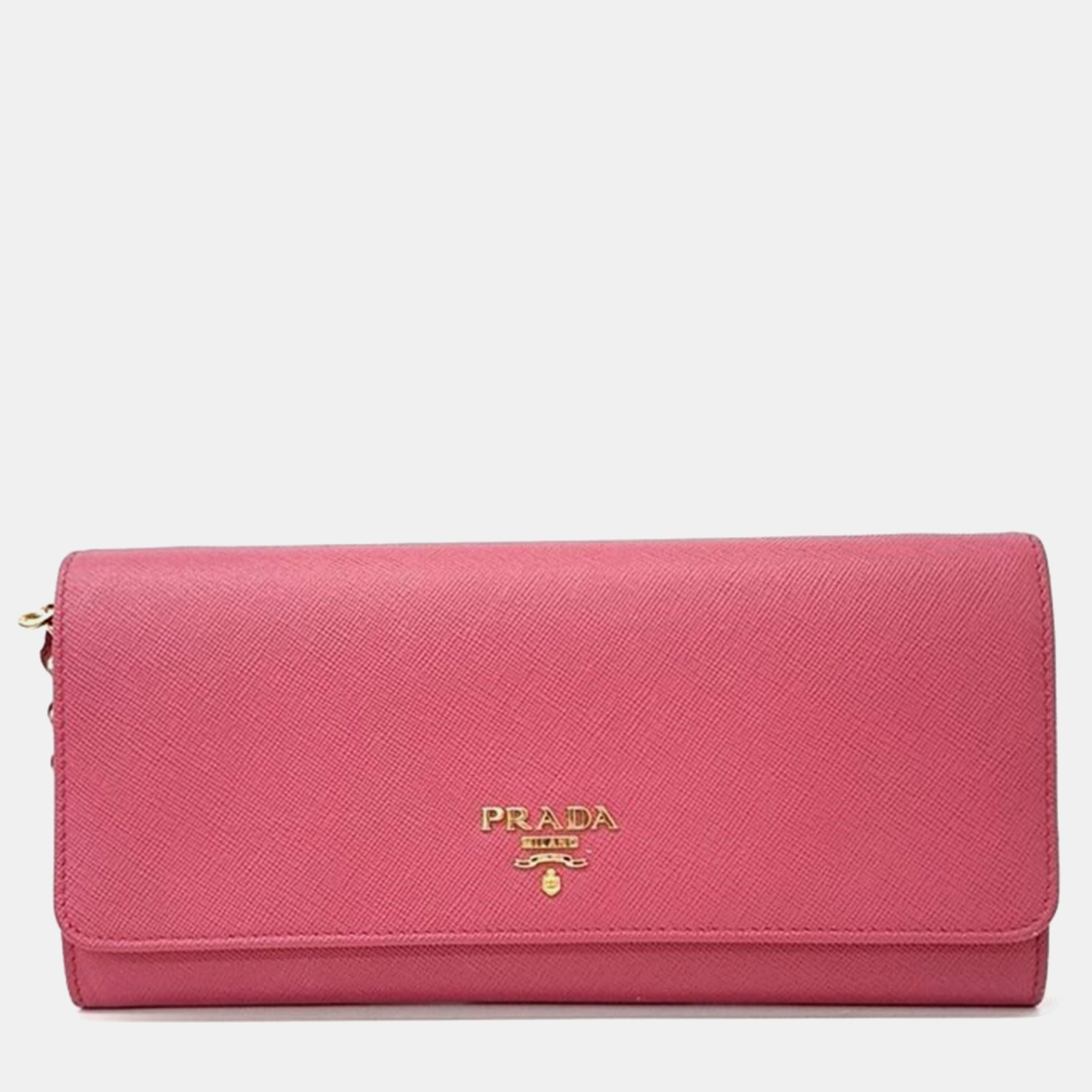 

Prada Pink Saffiano Lux Leather Wallet On Chain