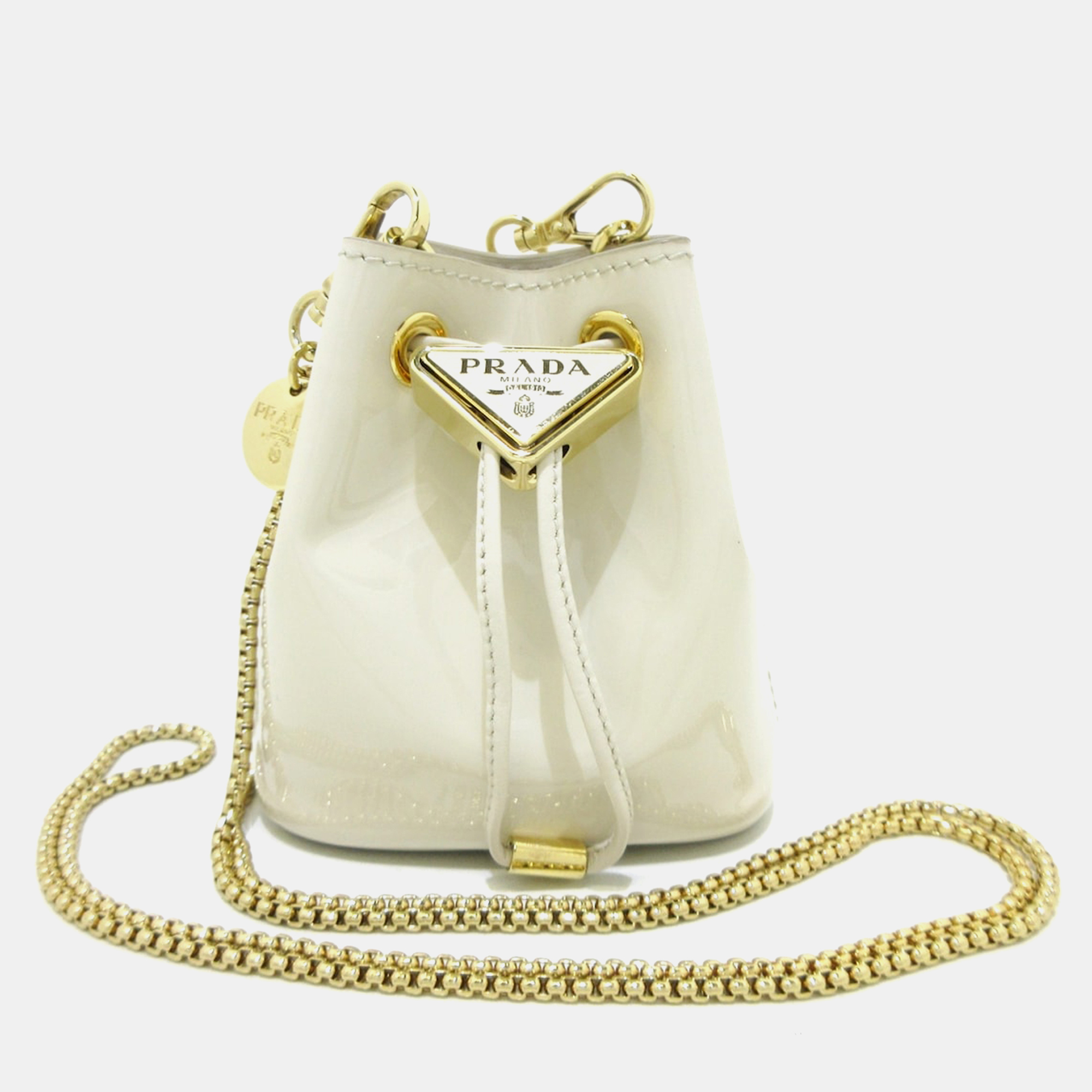 

Prada Mini Patent Drawstring Pouch, Cream