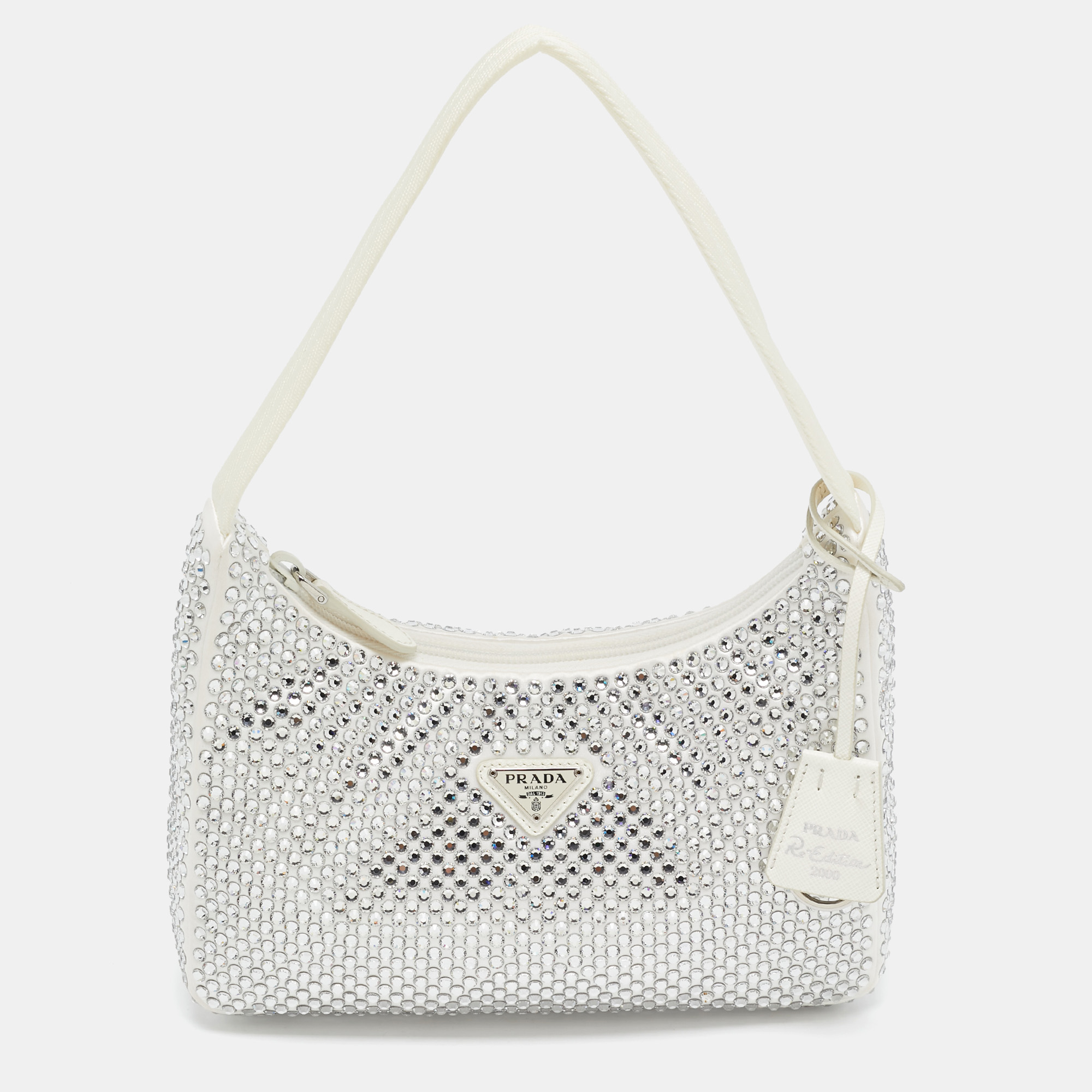 

Prada Off White Satin Crystal Embellished Re-Edition 2000 Baguette Bag