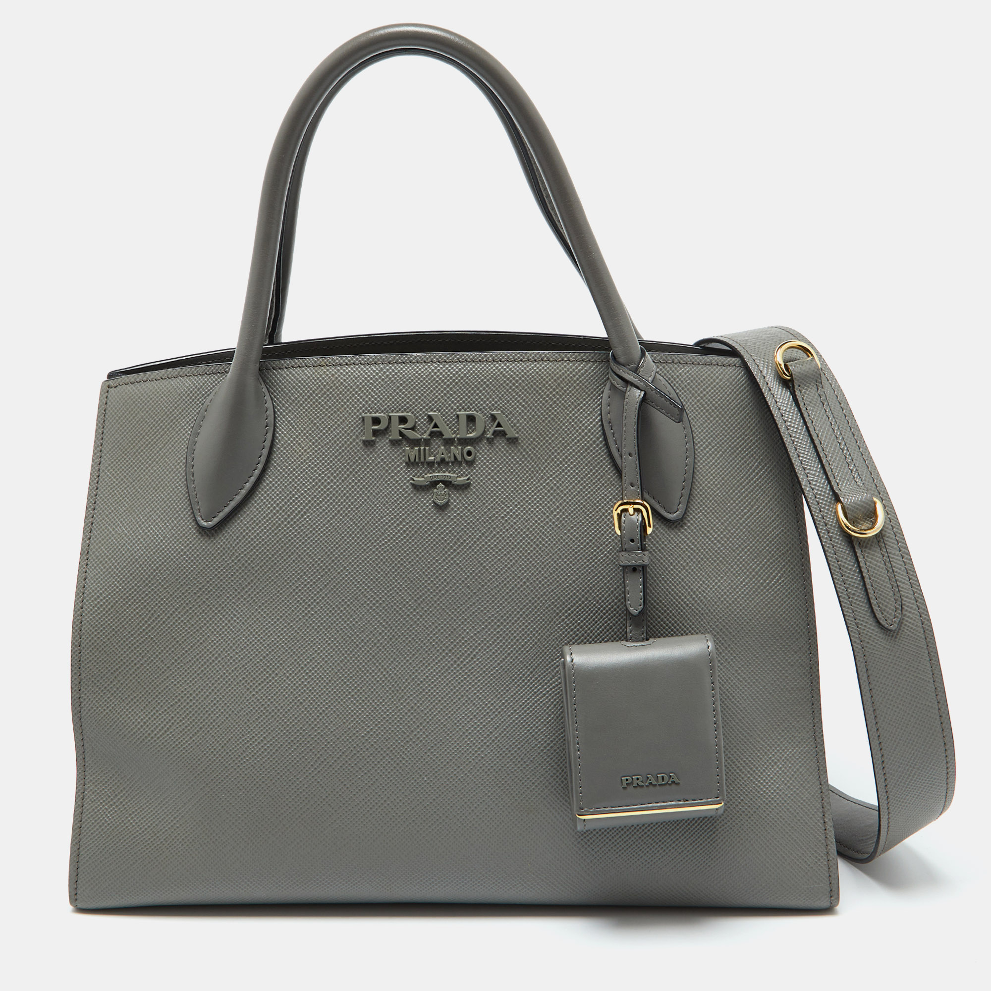 Pre-owned Prada Grey Saffiano Cuir Leather Monochrome Tote