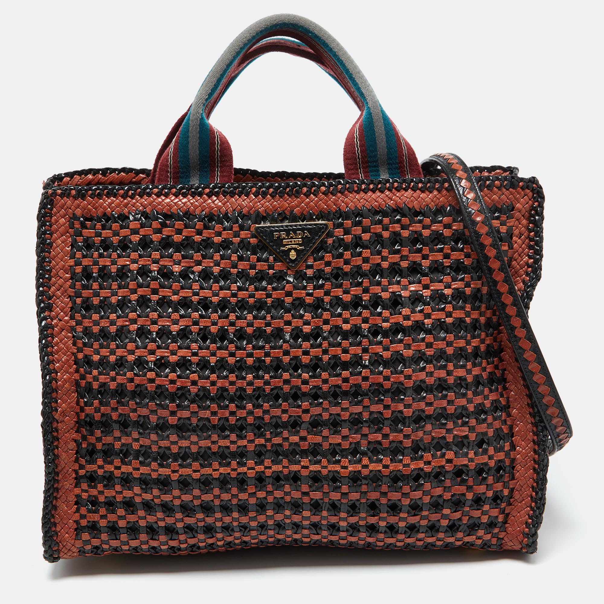 

Prada Black/Brown Woven Leather Madras Tote