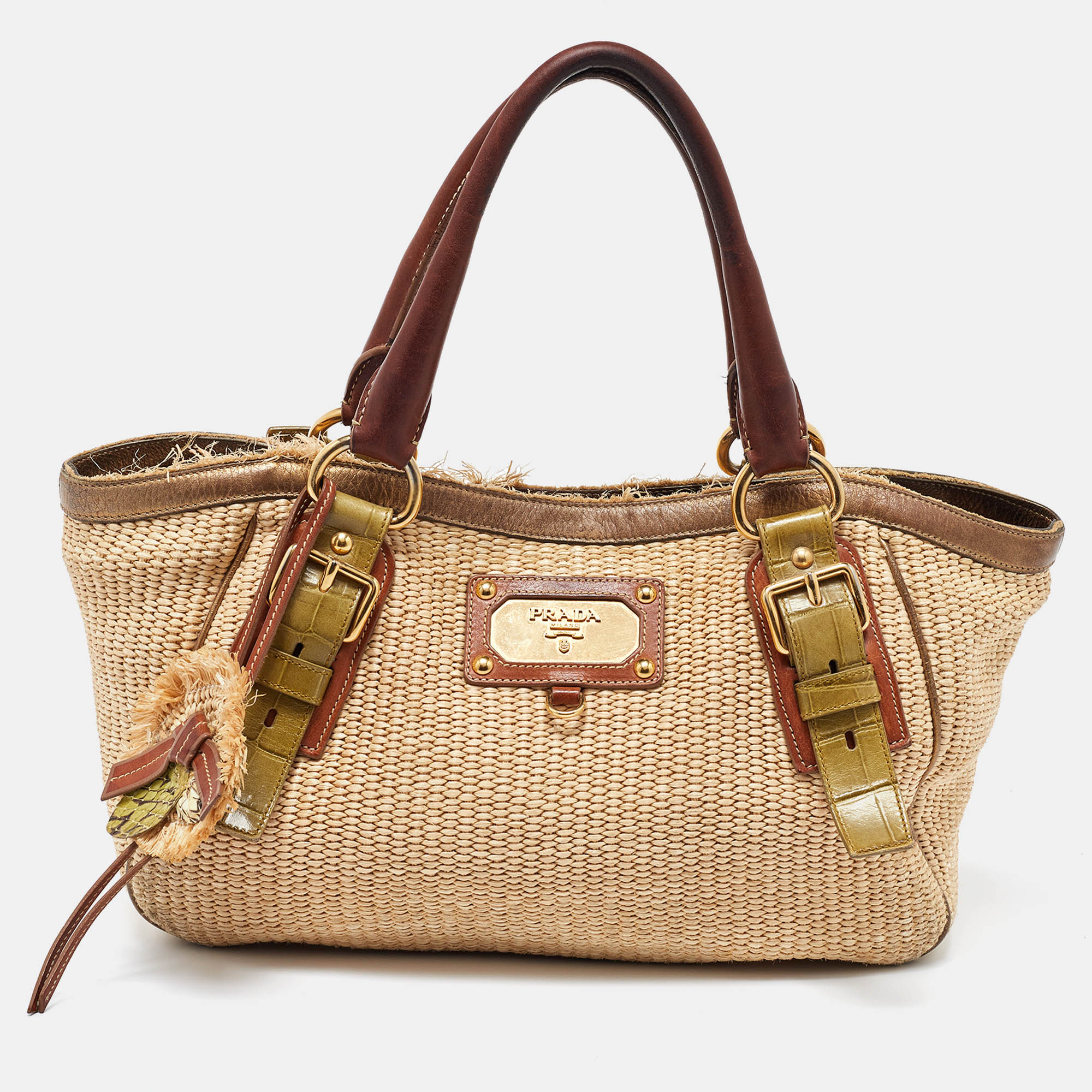 Pre-owned Prada Multicolor Woven Raffia And Leather Tote