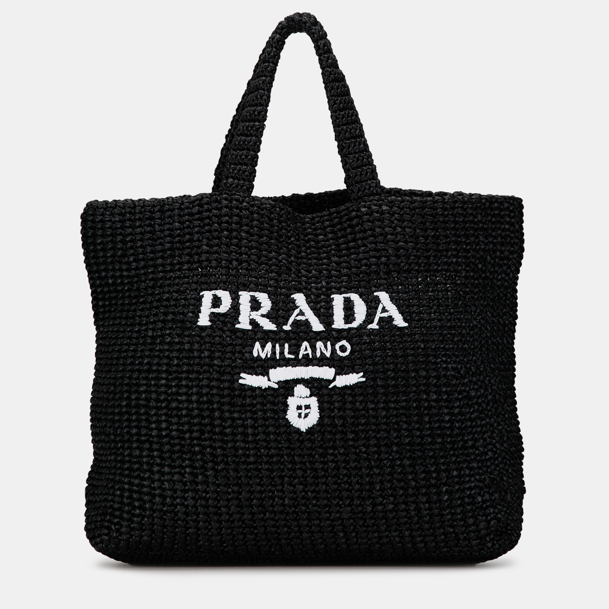 

Prada Crochet Raffia Logo Tote Bag, Black