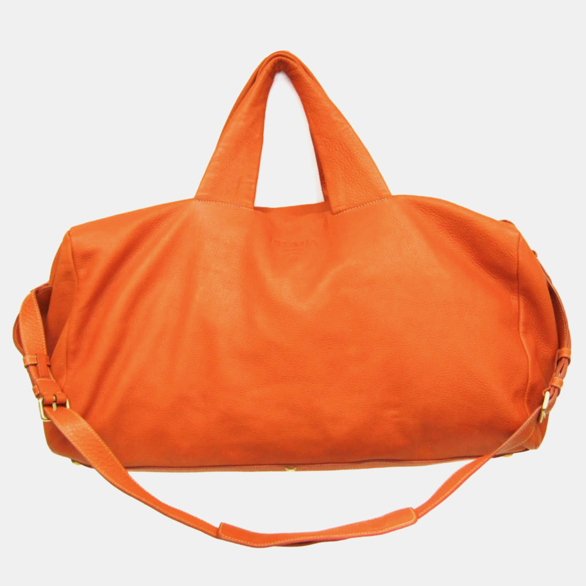 Pre-owned Prada Orange Leather Logo Embossed Duffel Bag