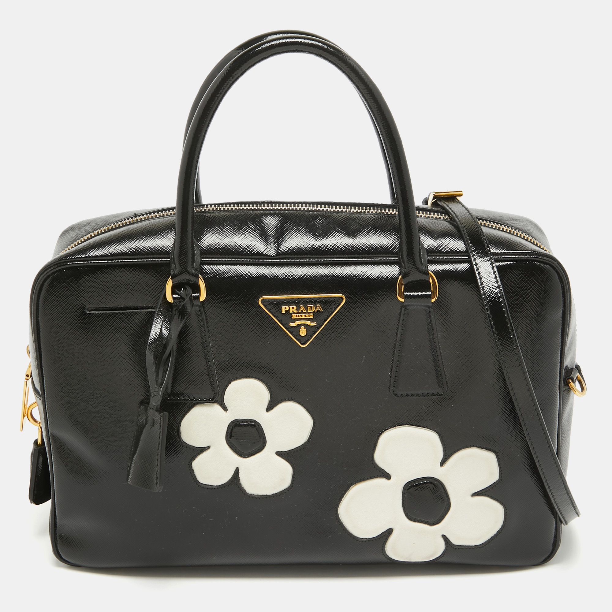 

Prada Black Saffiano Patent Leather Floral Bauletto Bag