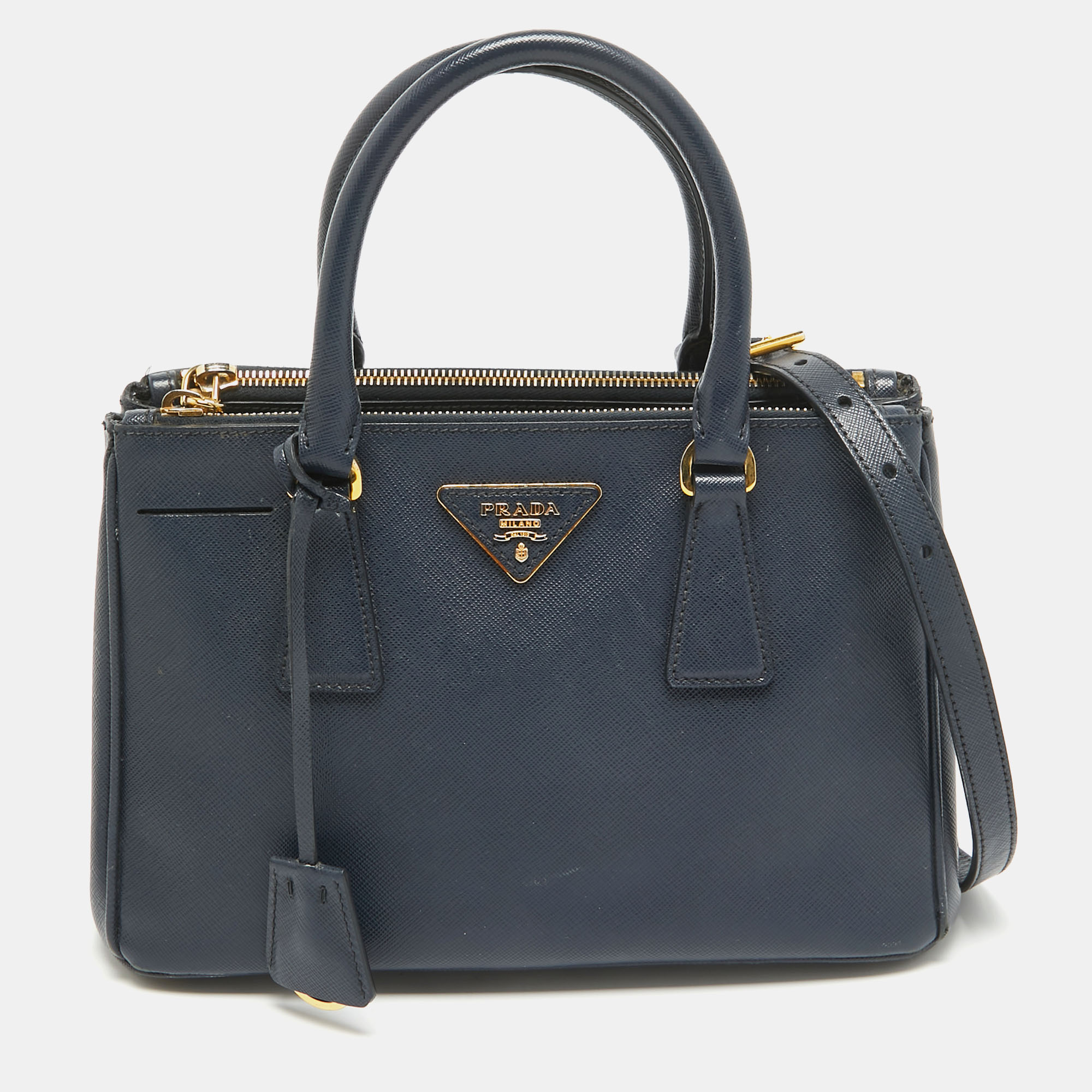 Pre-owned Prada Navy Blue Saffiano Lux Leather Small Double Zip Tote