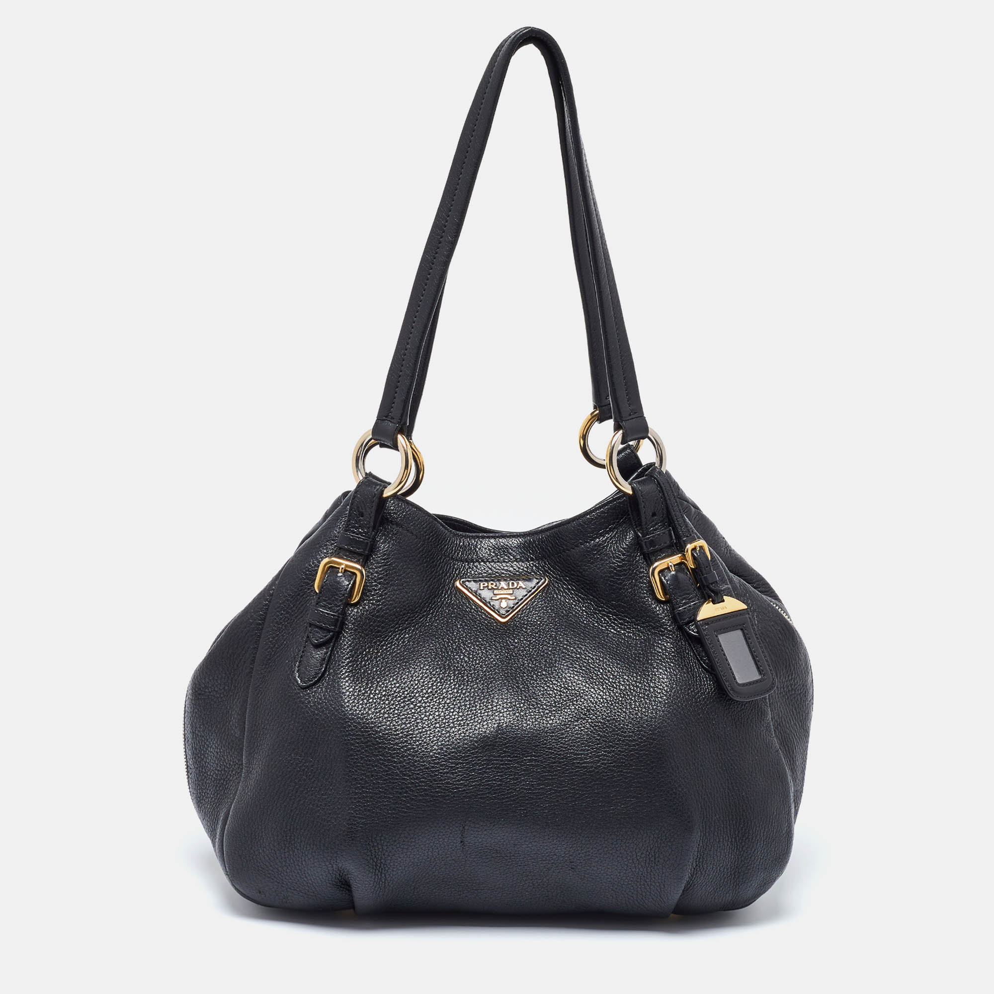 

Prada Black Vitello Daino Leather Side Zip Hobo