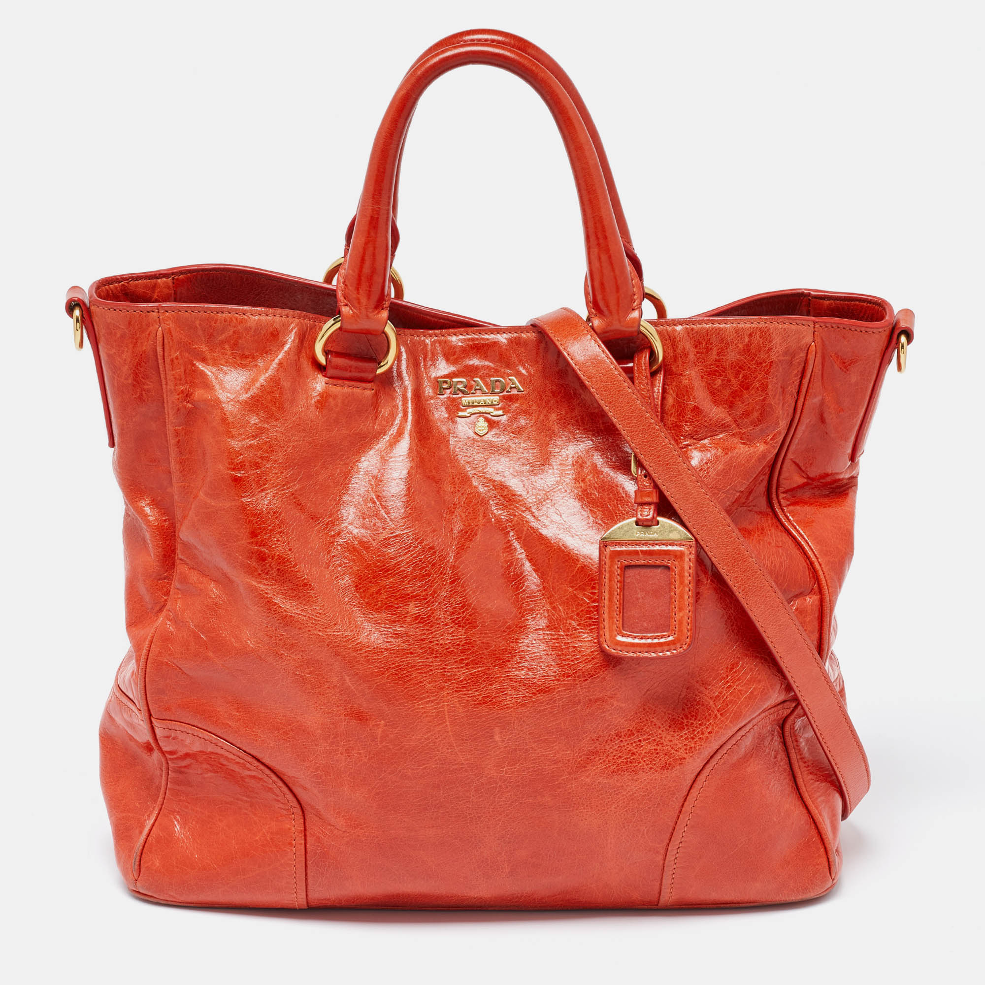 

Prada Orange Vitello Shine Leather Snap Tote