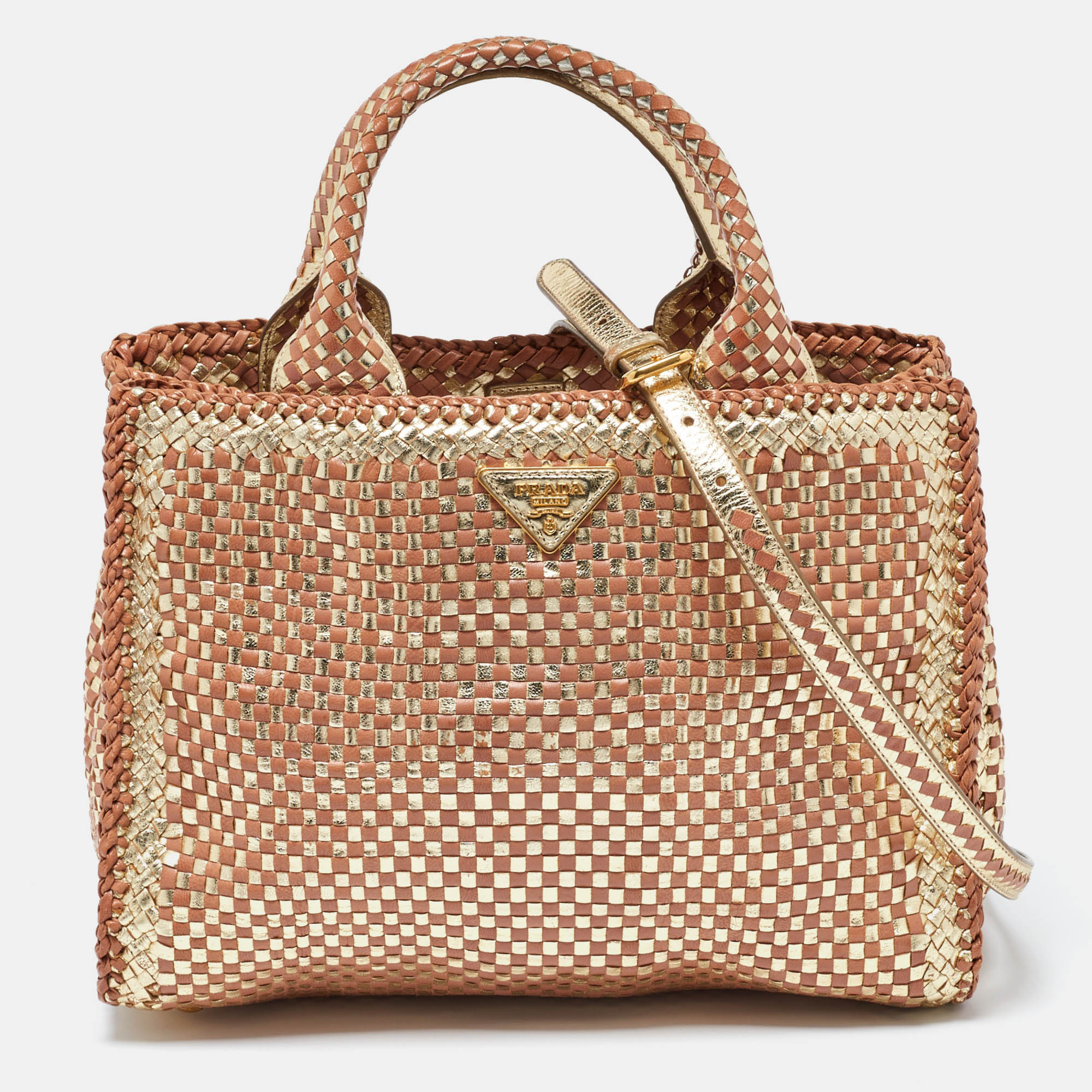 

Prada Gold/Brown Woven Madras Leather Snap Tote